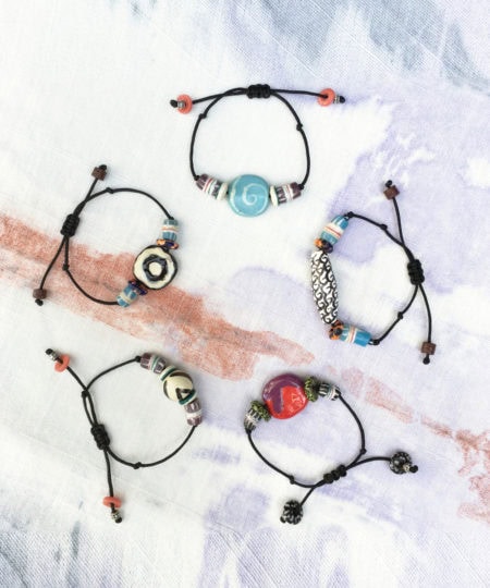 Adjustable bracelet with Fair Trade ceramic and recycled glass beads