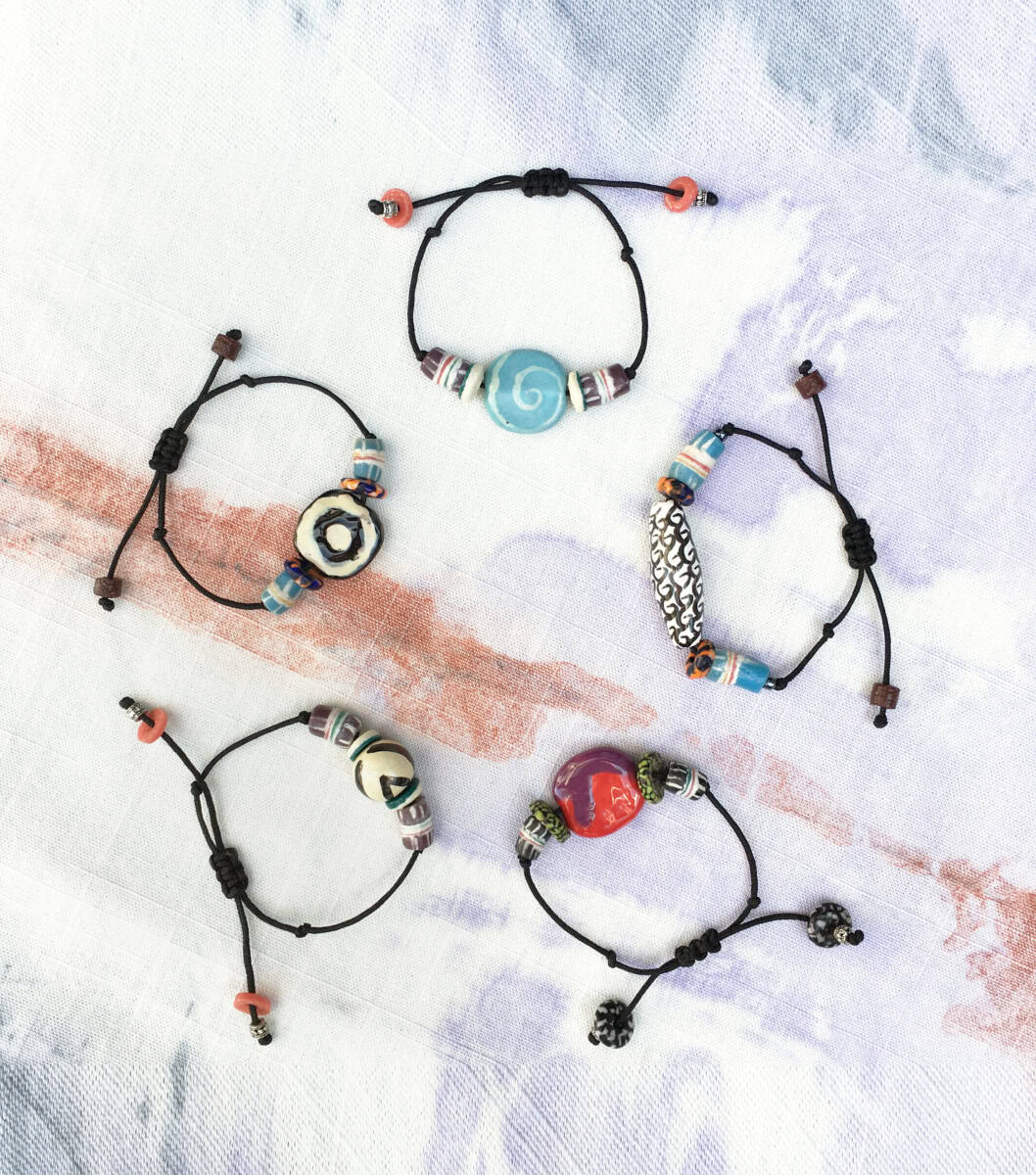 Adjustable bracelet with Fair Trade ceramic and recycled glass beads