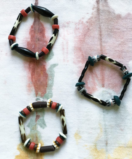 Stretch slip on bracelet with vintage batik bone and recycled glass beads