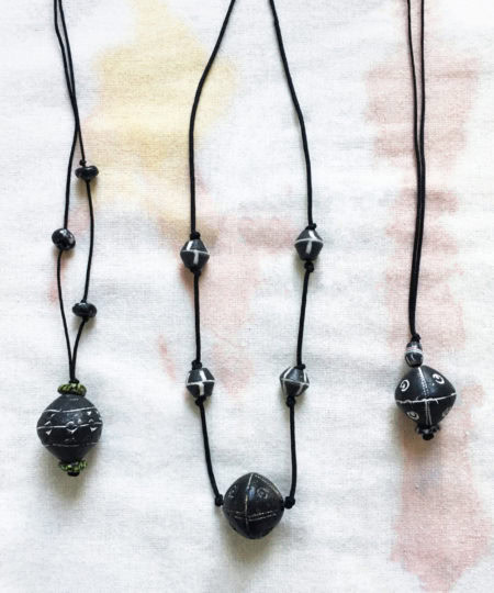 Long necklace with hand made clay and recycled glass beads