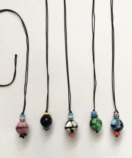 Long necklaces w marbled glass pendants & recycled glass beads