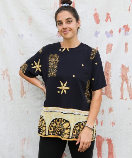 VINTAGE 80'S BLOUSE | dark navy blue blouse tee with sun and flowers | medium / large