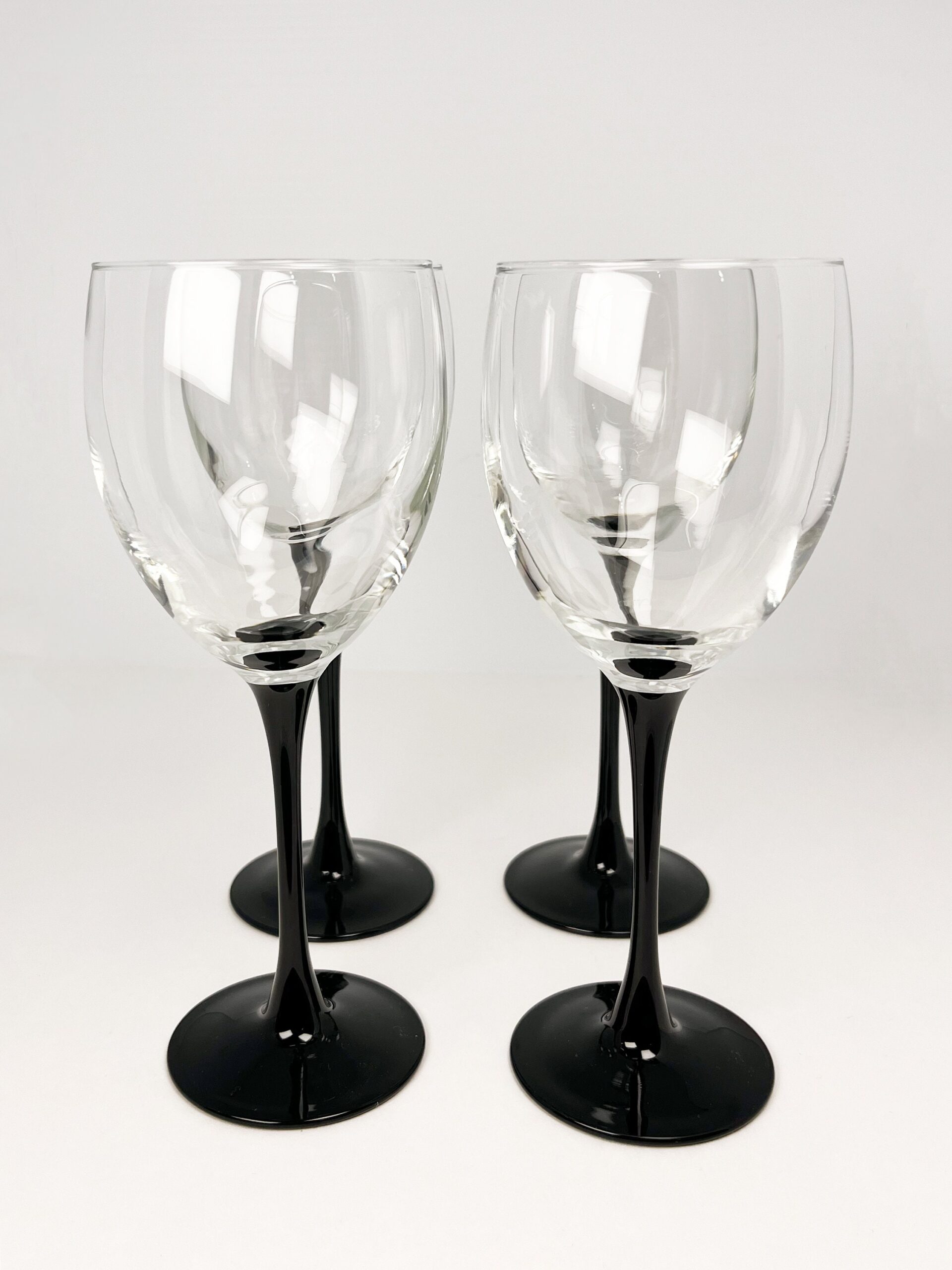 80s vintage black stem 12 oz wine glasses by Luminarc France