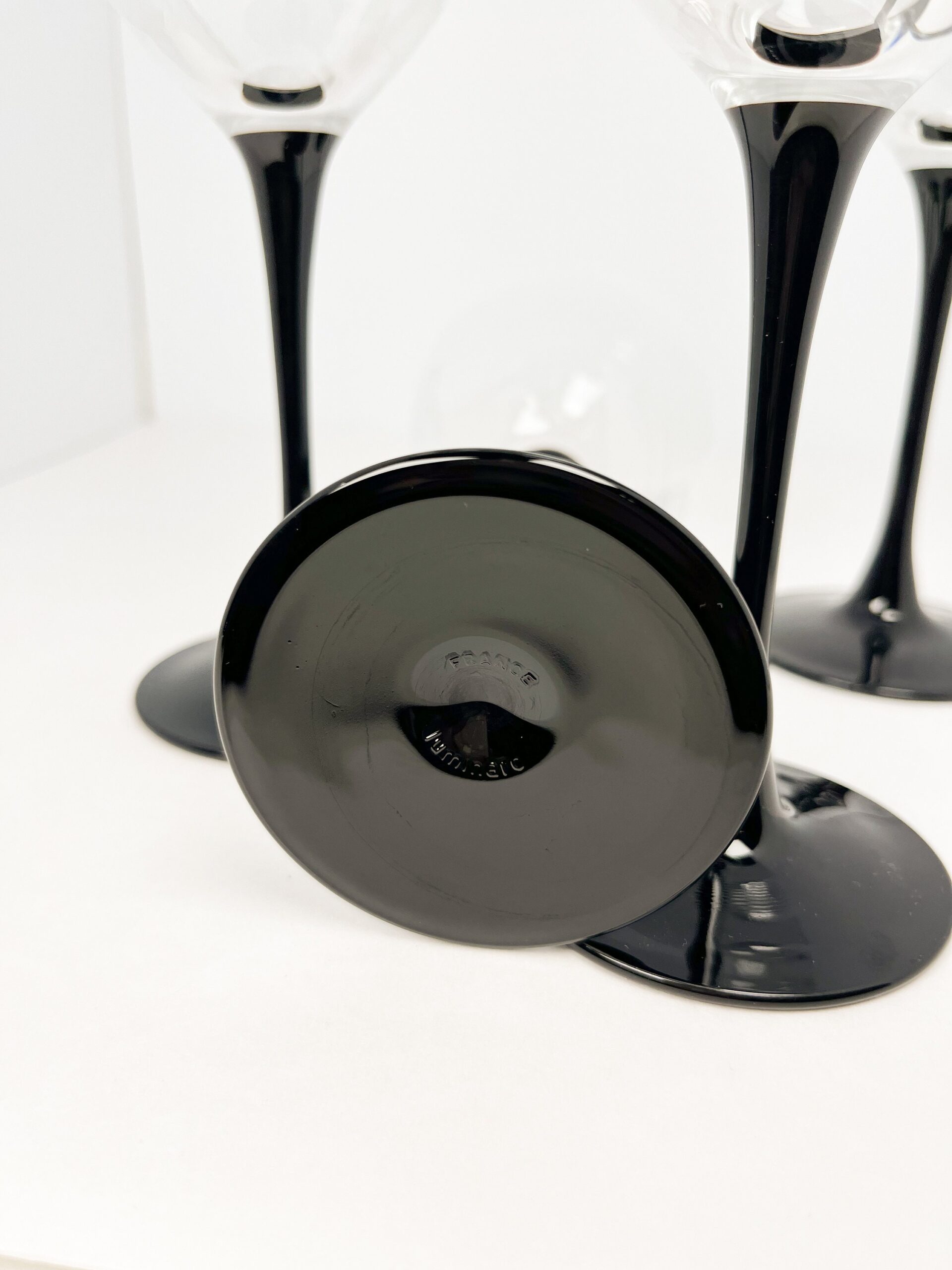 80s vintage black stem 12 oz wine glasses by Luminarc France