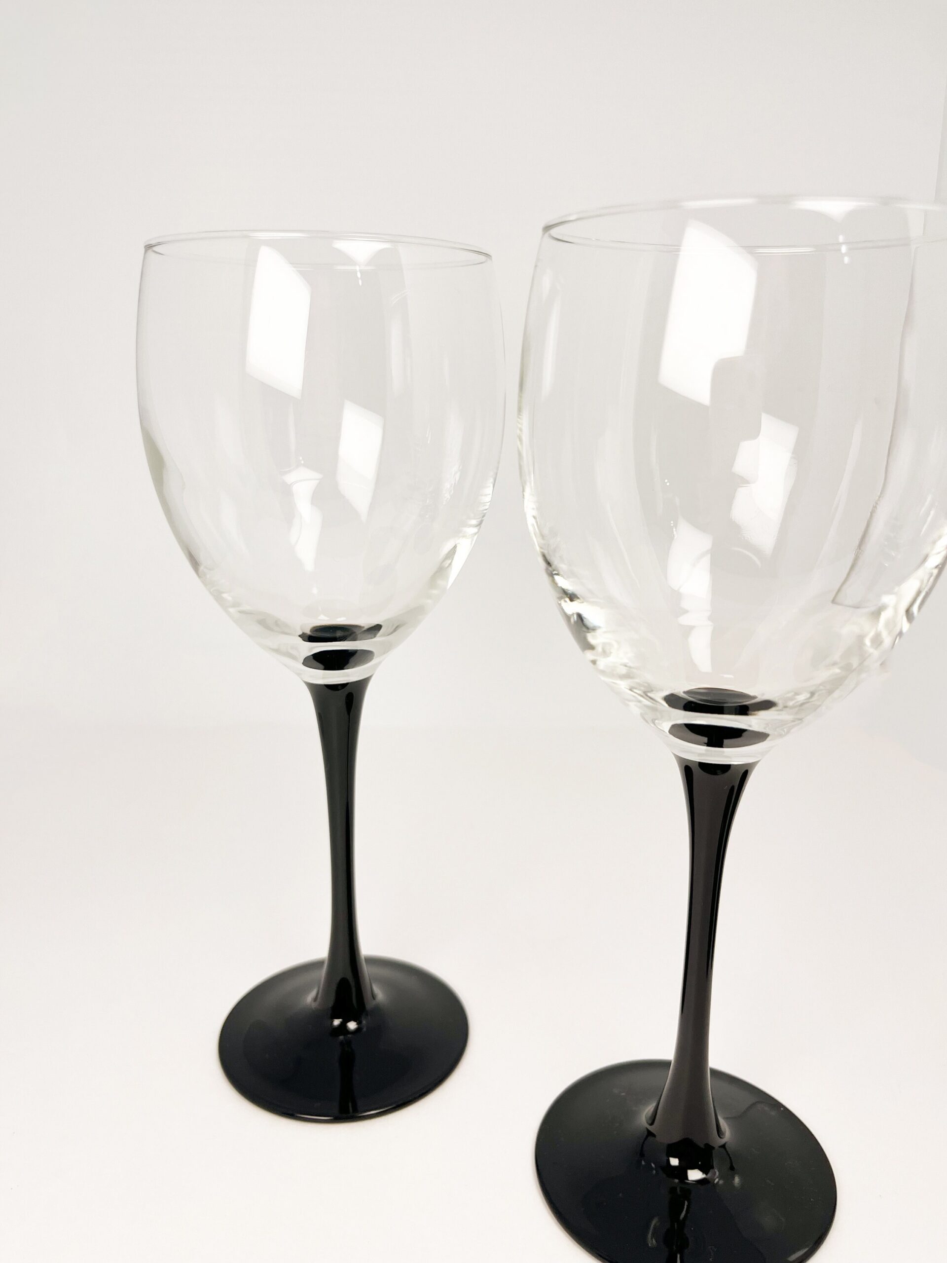 80s vintage black stem 12 oz wine glasses by Luminarc France