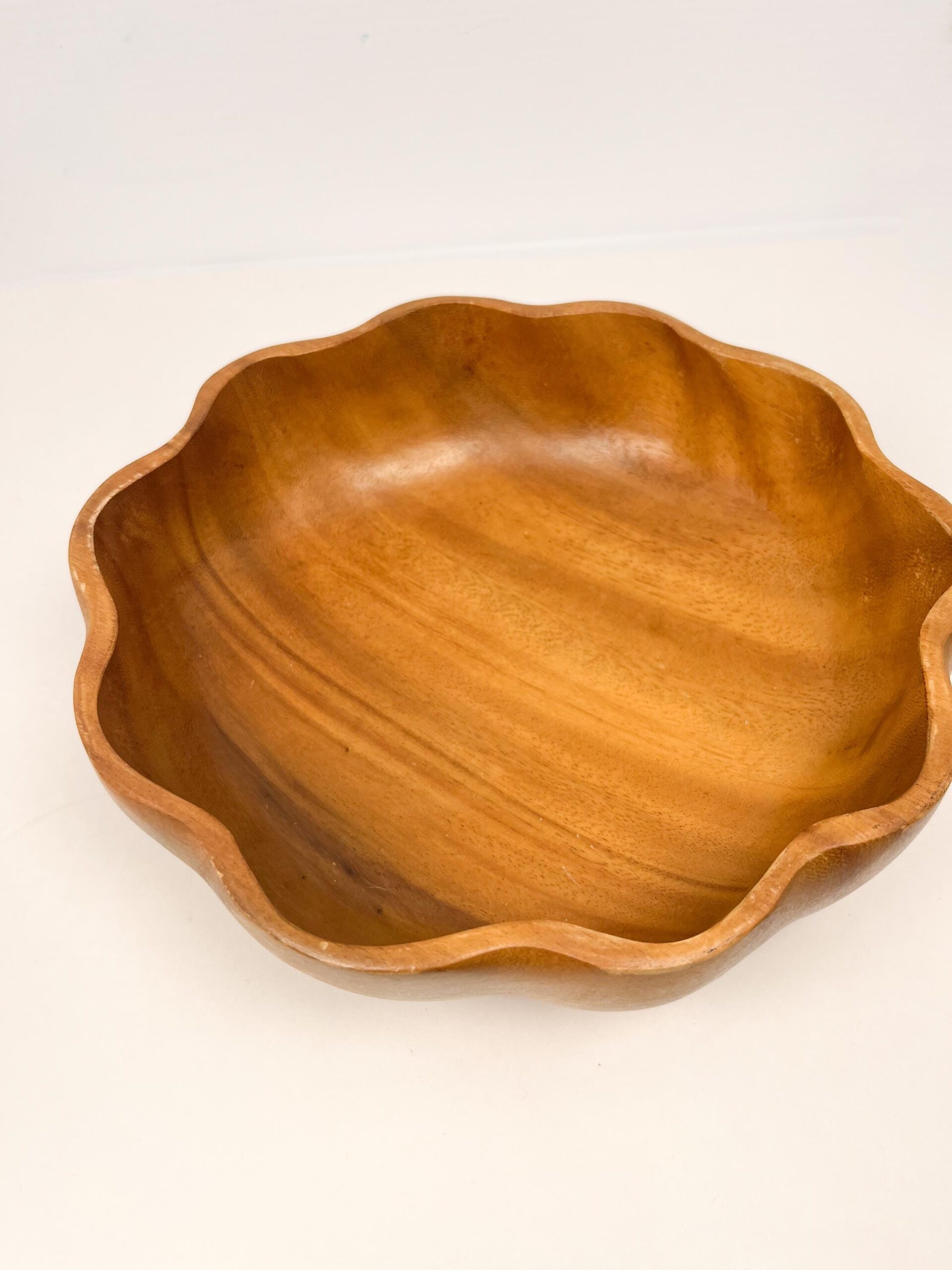 Hand made scalloped vintage woodenware bowl set - large salad bowl and two serving bowls