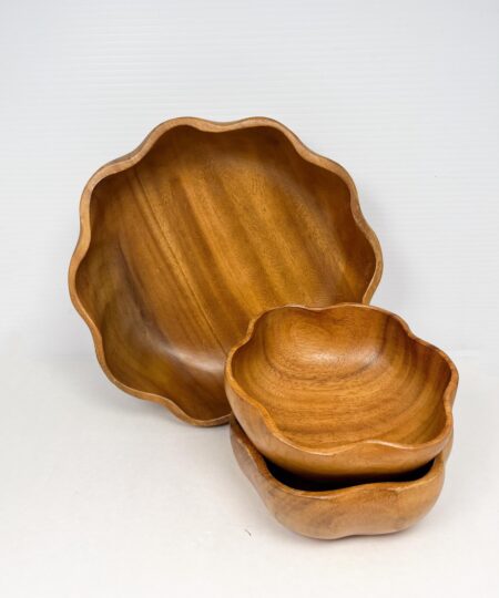 Hand made scalloped vintage woodenware bowl set - large salad bowl and two serving bowls