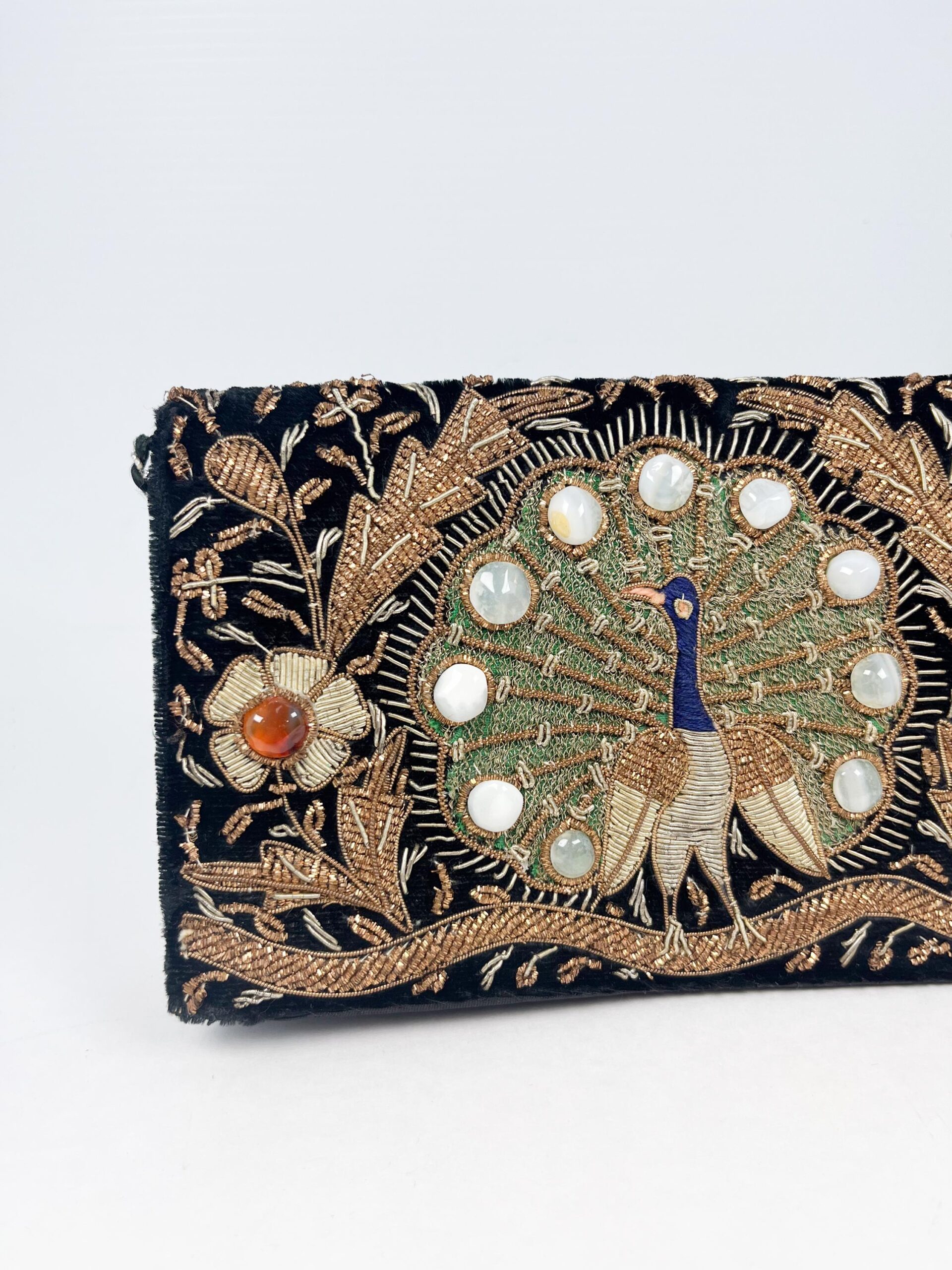 Vintage Zardozi embroidered peacock clutch with gemstone crystals