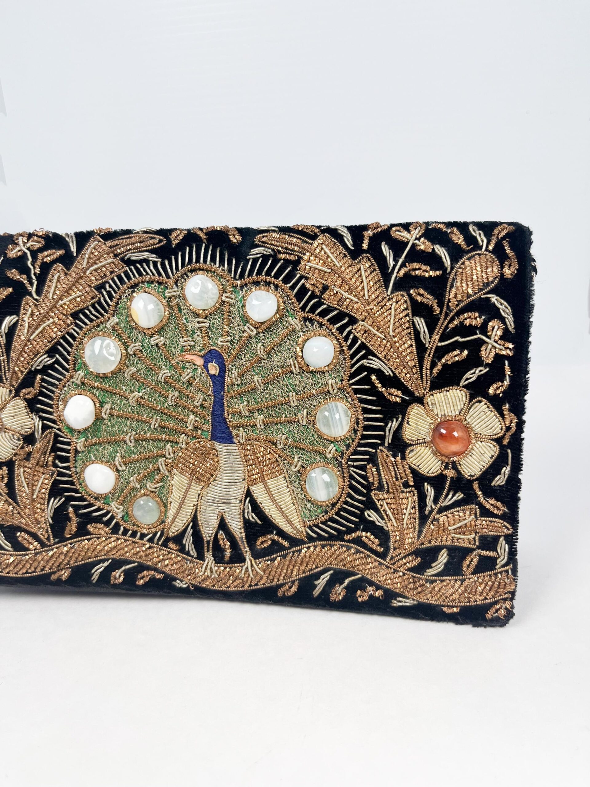Vintage Zardozi embroidered peacock clutch with gemstone crystals