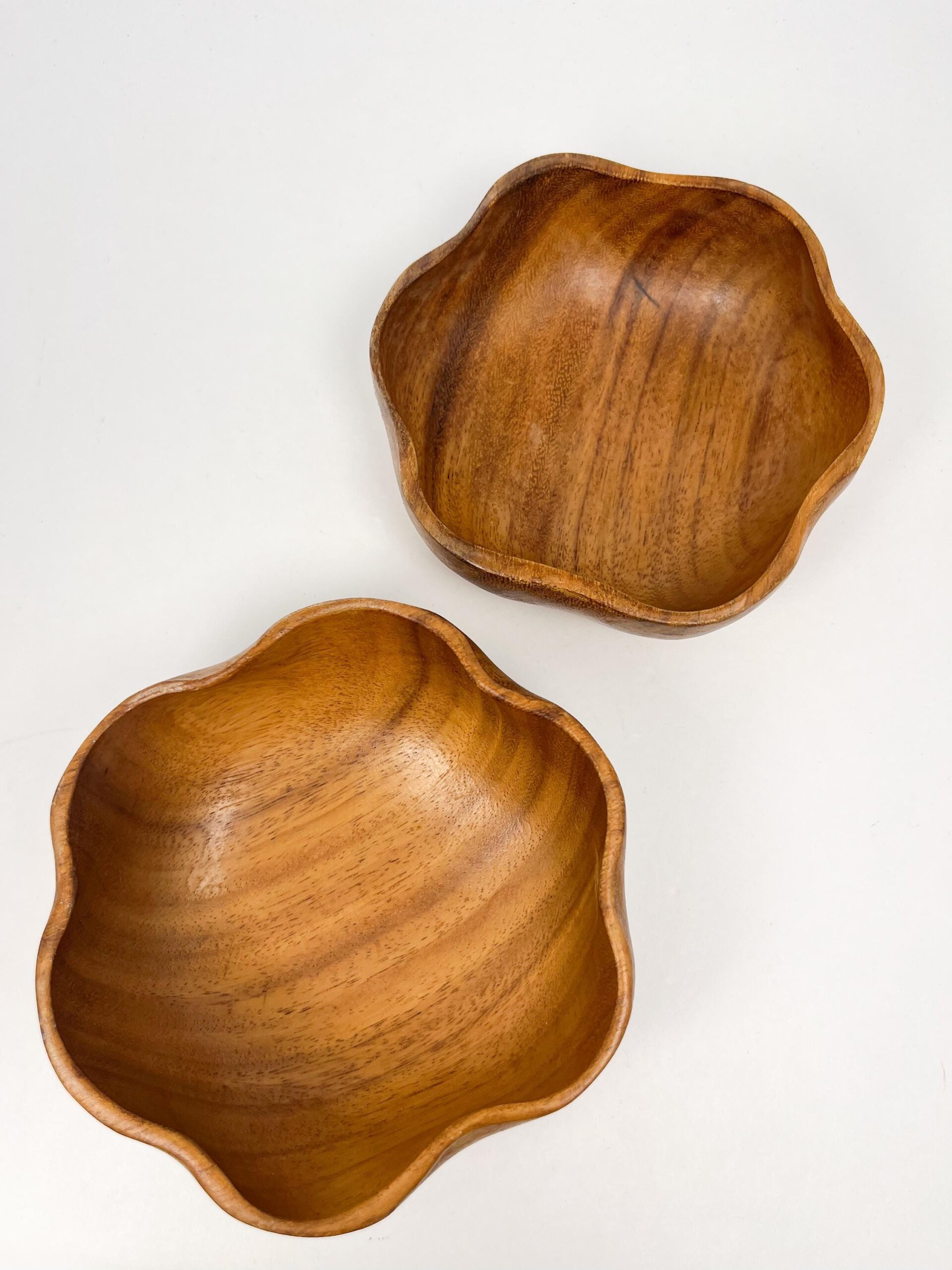 Hand made scalloped vintage woodenware bowl set - large salad bowl and two serving bowls