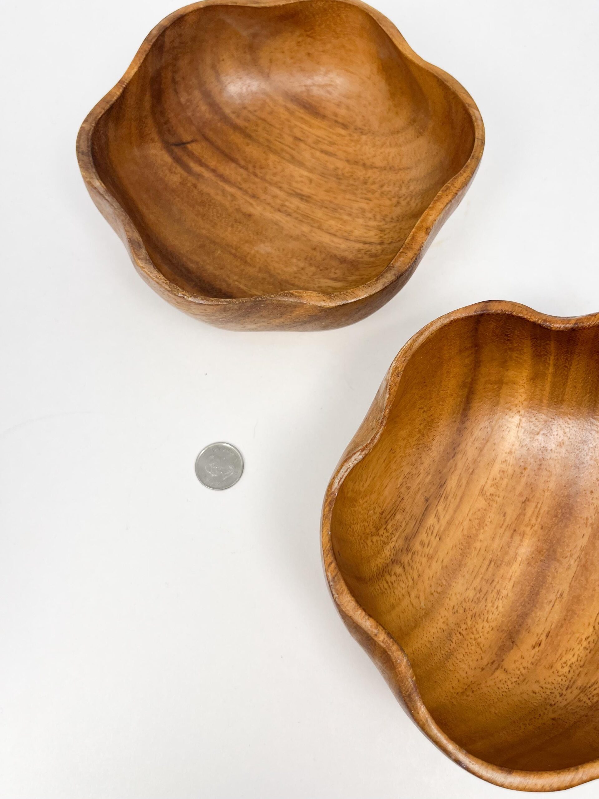 Hand made scalloped vintage woodenware bowl set - large salad bowl and two serving bowls