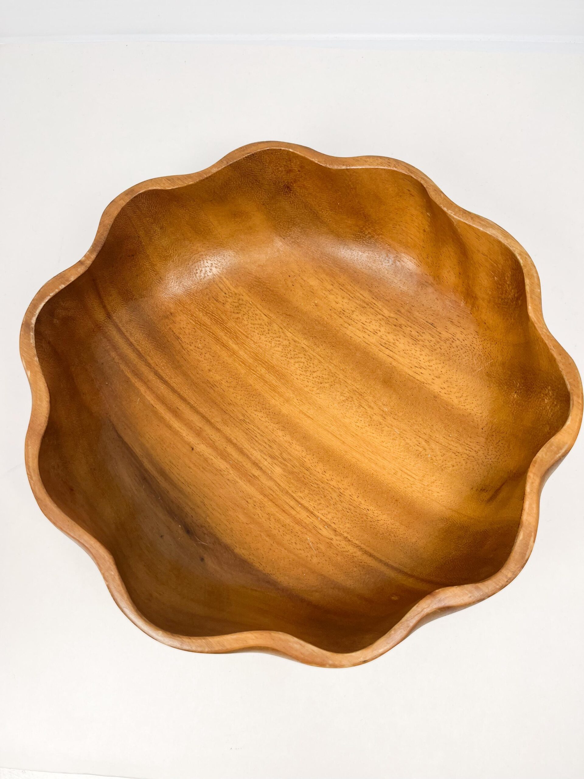 Hand made scalloped vintage woodenware bowl set - large salad bowl and two serving bowls