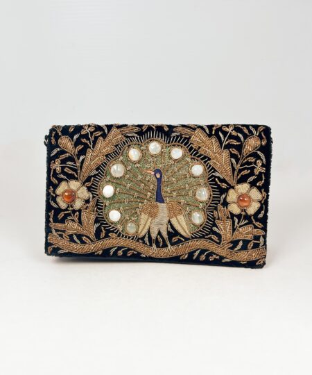 Vintage Zardozi embroidered peacock clutch with gemstone crystals