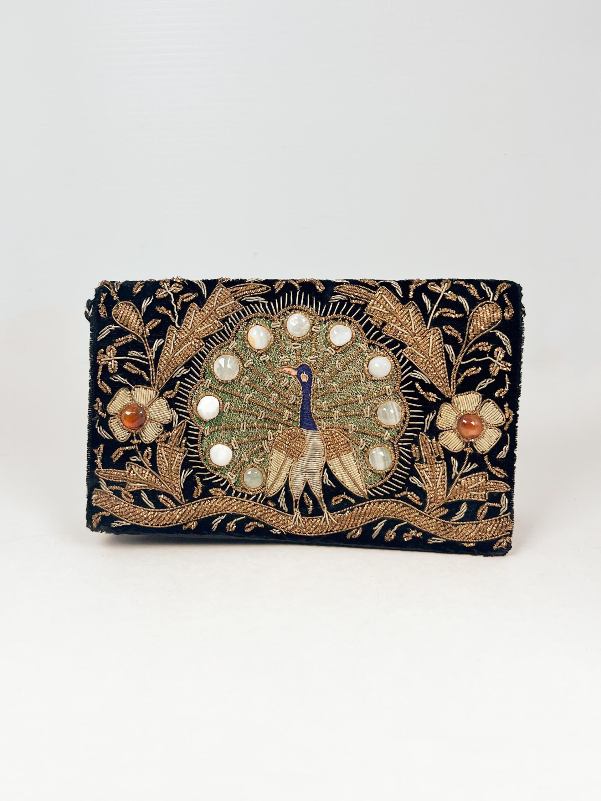 Vintage Zardozi embroidered peacock clutch with gemstone crystals