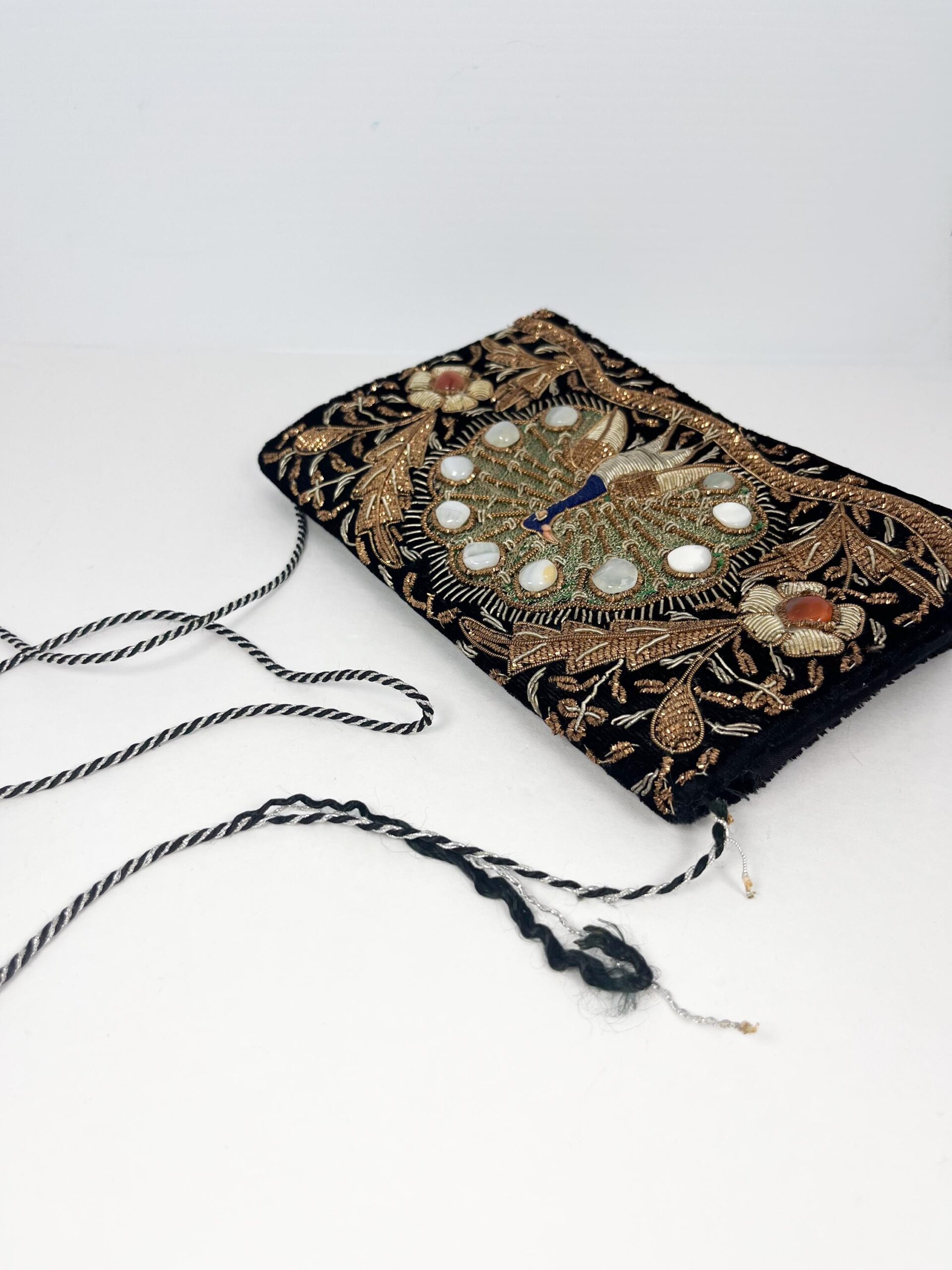 Vintage Zardozi embroidered peacock clutch with gemstone crystals