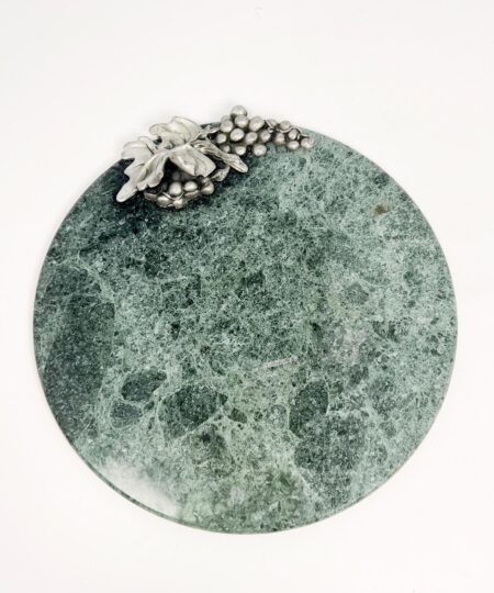 Vintage green 8" marble tray with pewter grapes motif - by Seagull
