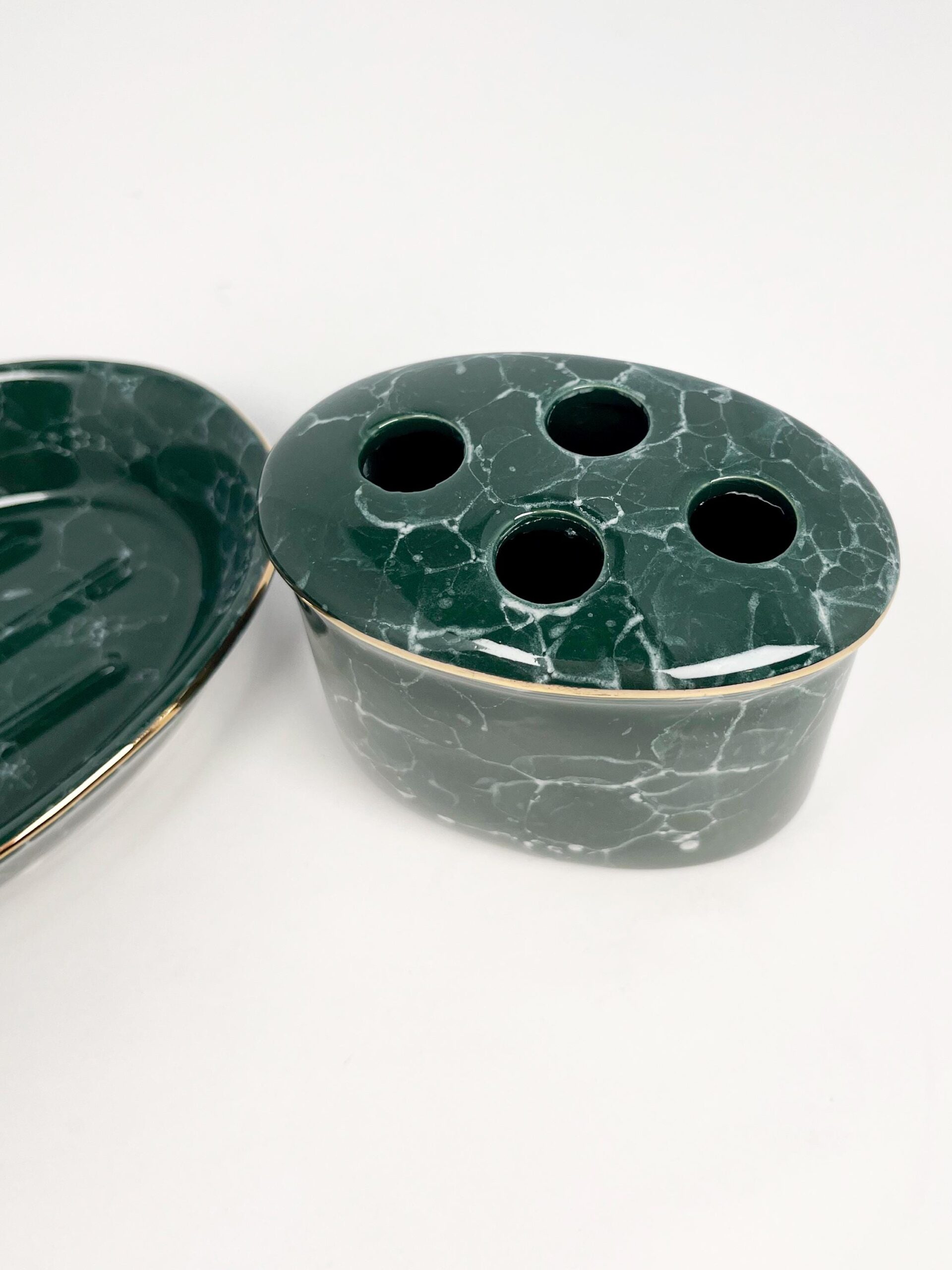 Vintage dark green matching toothbrush and soap dish - marble pattern, by Libbey