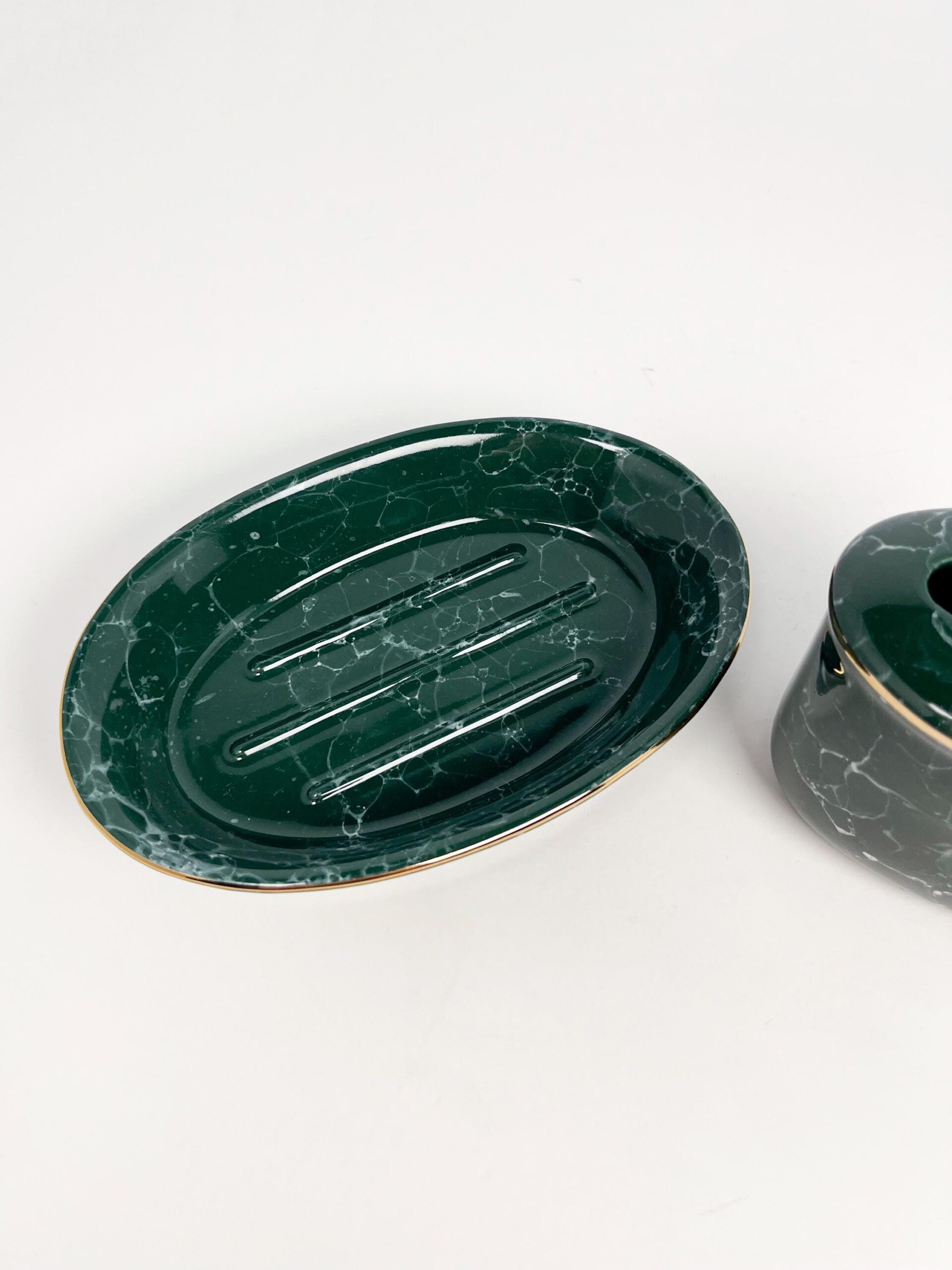 Vintage dark green matching toothbrush and soap dish - marble pattern, by Libbey