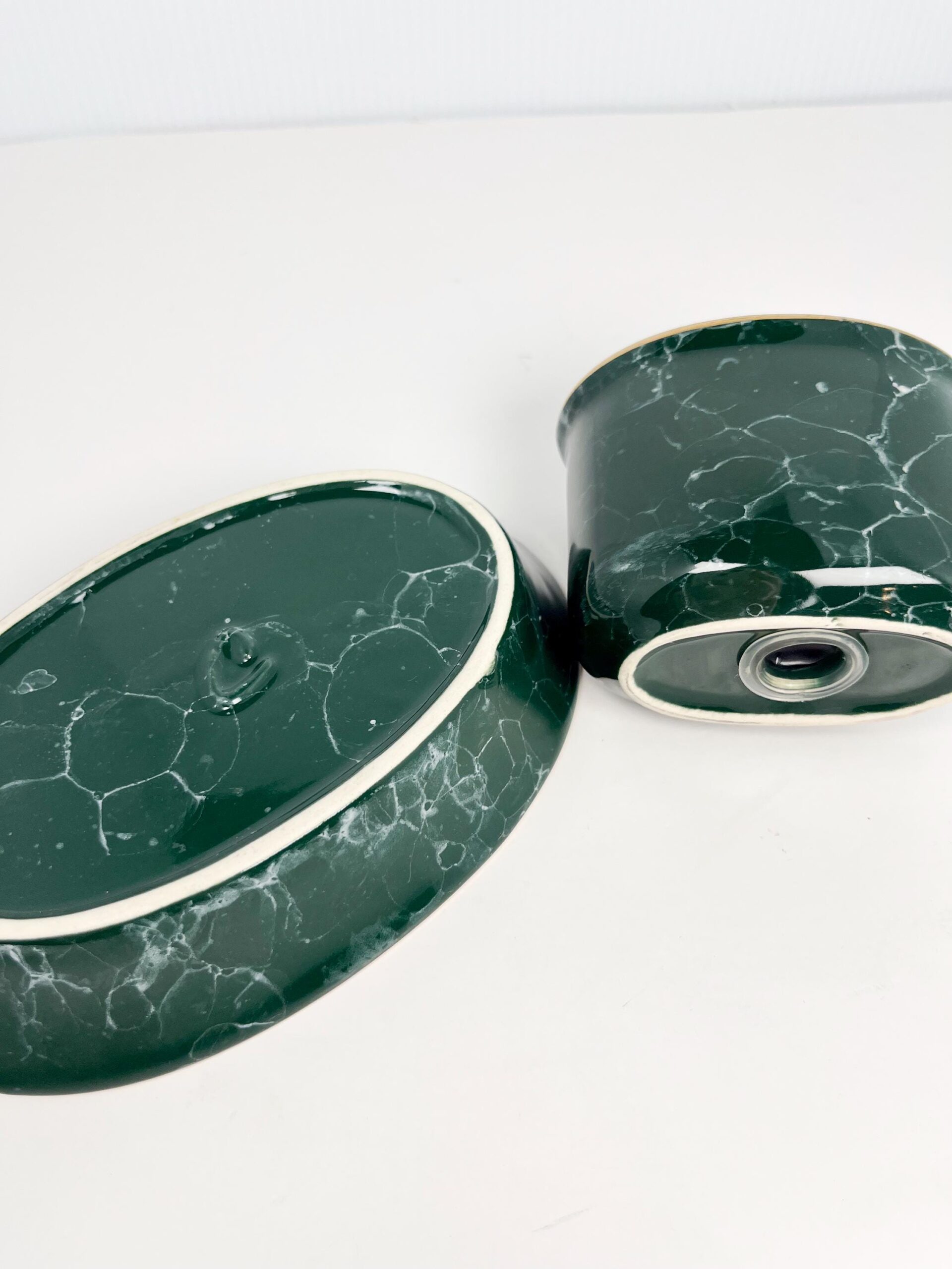 Vintage dark green matching toothbrush and soap dish - marble pattern, by Libbey