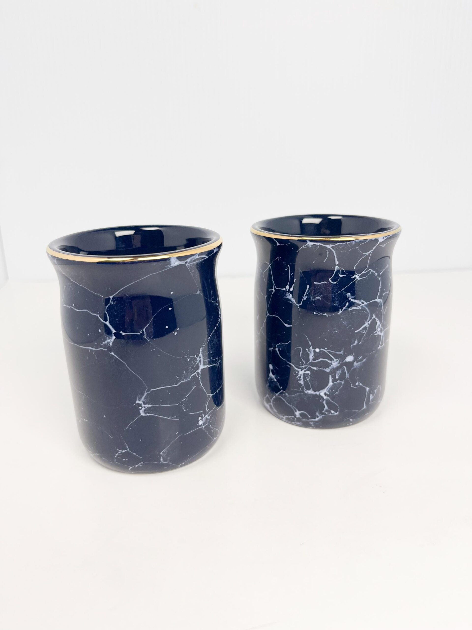 Vintage navy blue ceramic tumblers with gold rims - set of 2, 1996