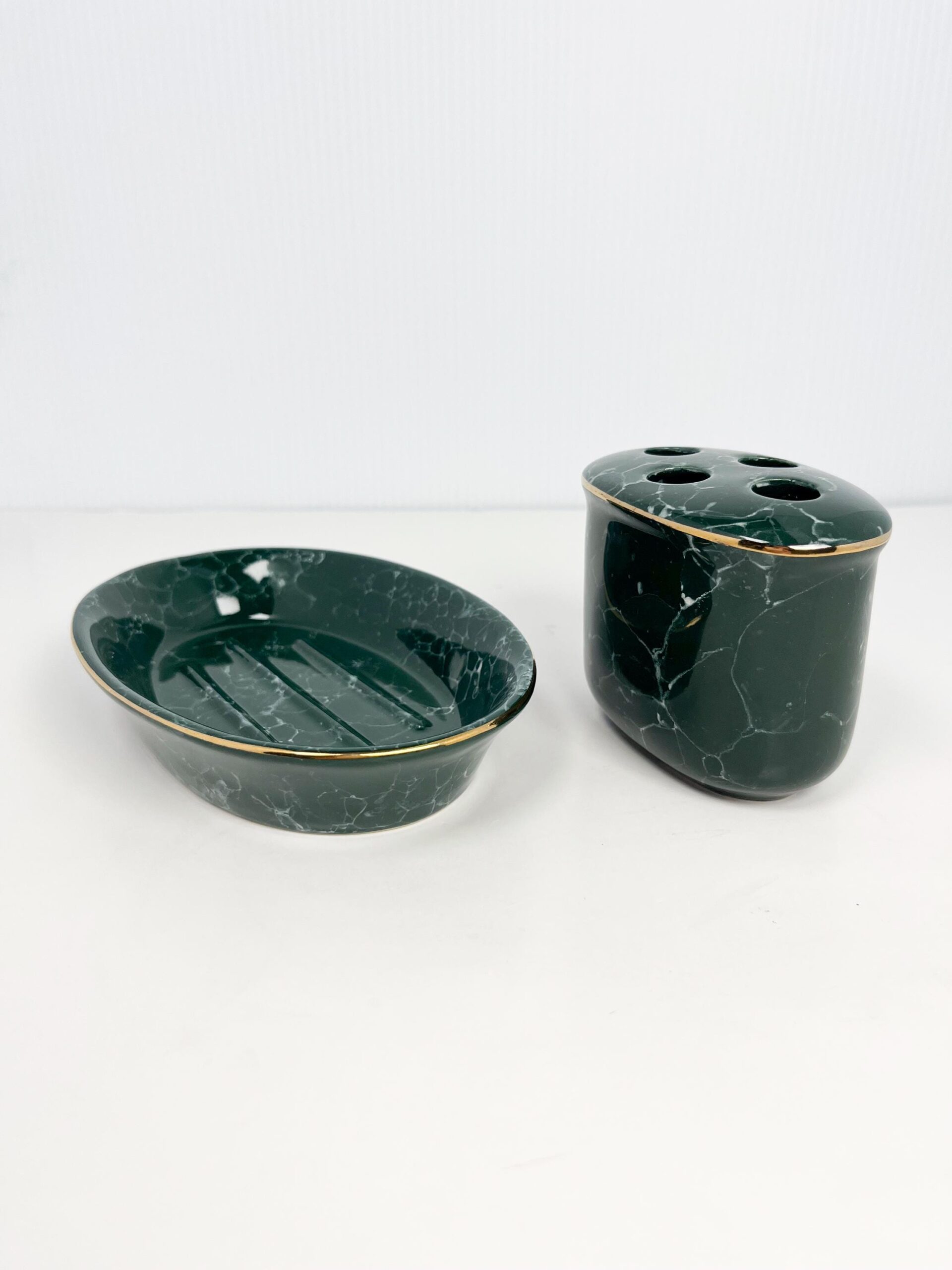 Vintage dark green matching toothbrush and soap dish - marble pattern, by Libbey