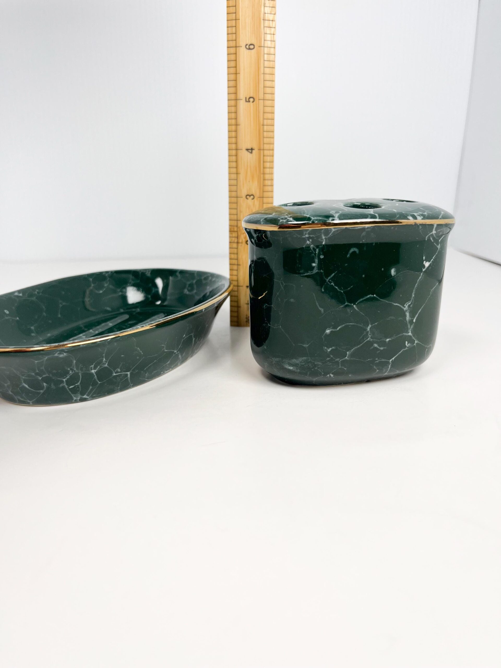 Vintage dark green matching toothbrush and soap dish - marble pattern, by Libbey