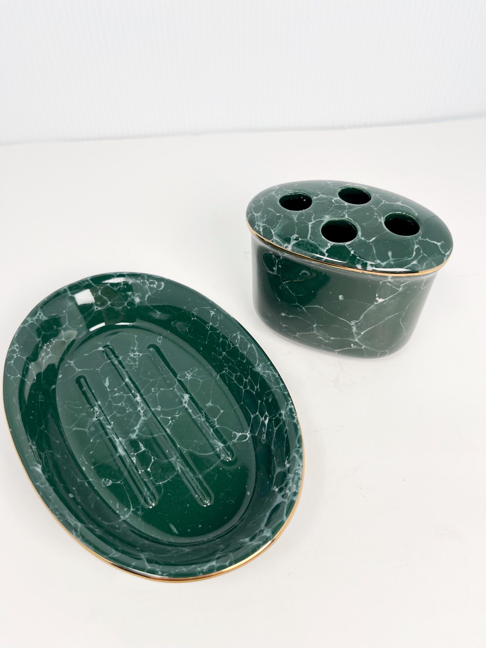 Vintage dark green matching toothbrush and soap dish - marble pattern, by Libbey