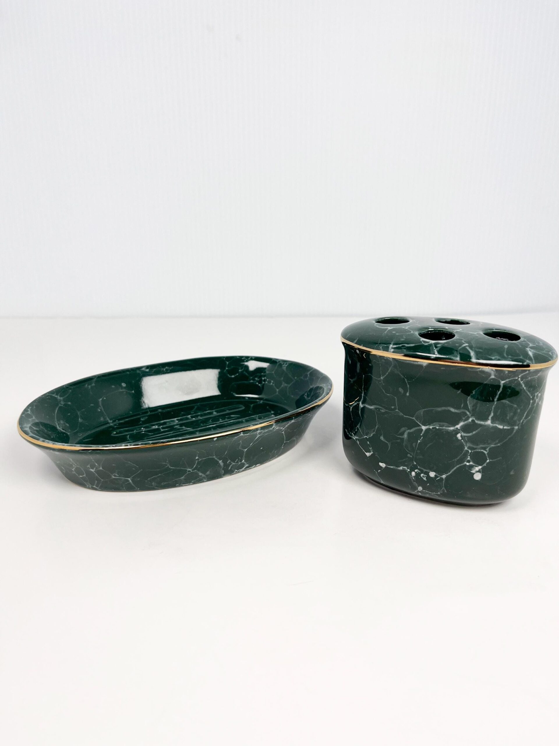 Vintage dark green matching toothbrush and soap dish - marble pattern, by Libbey