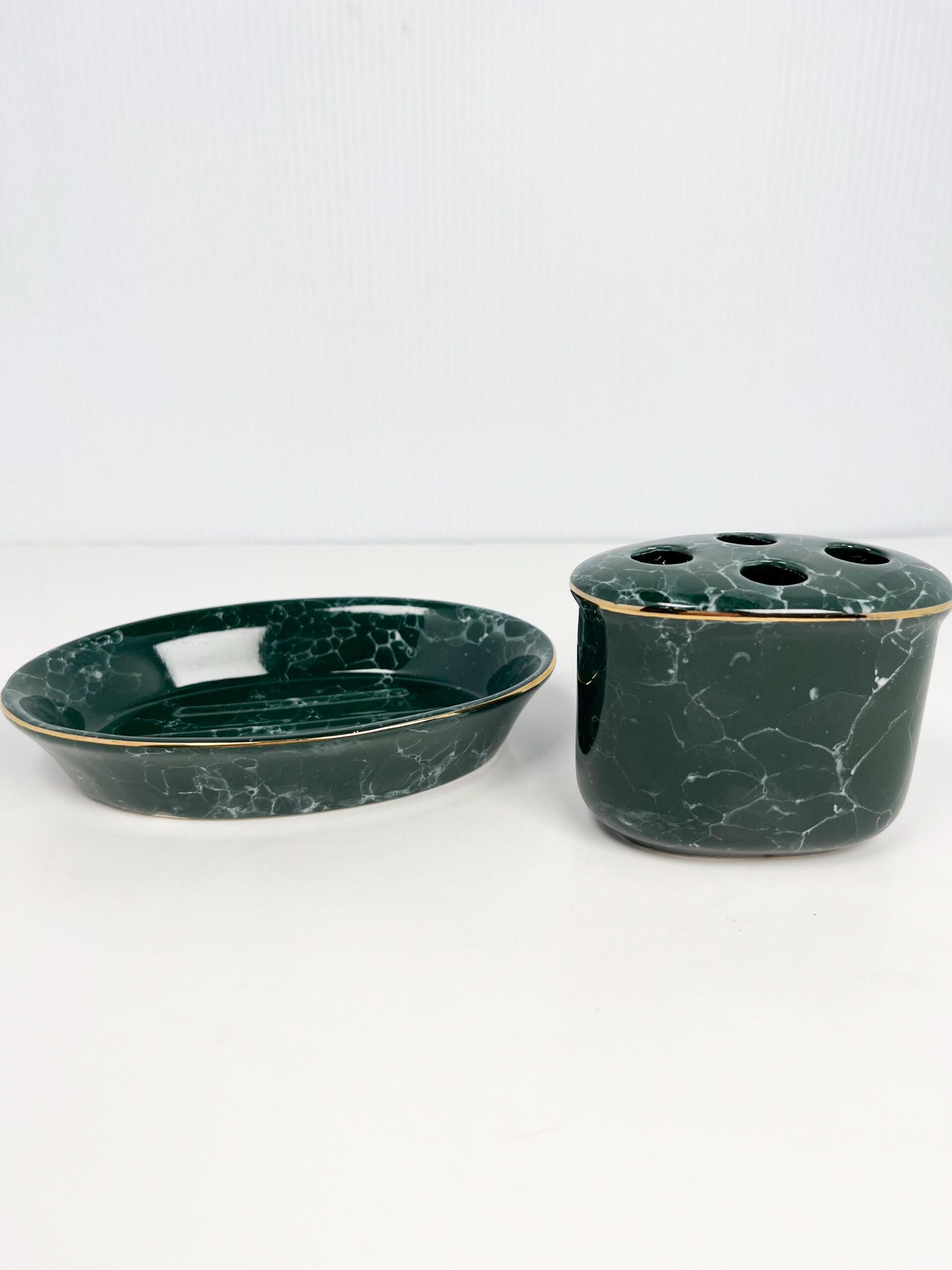 Vintage dark green matching toothbrush and soap dish - marble pattern, by Libbey