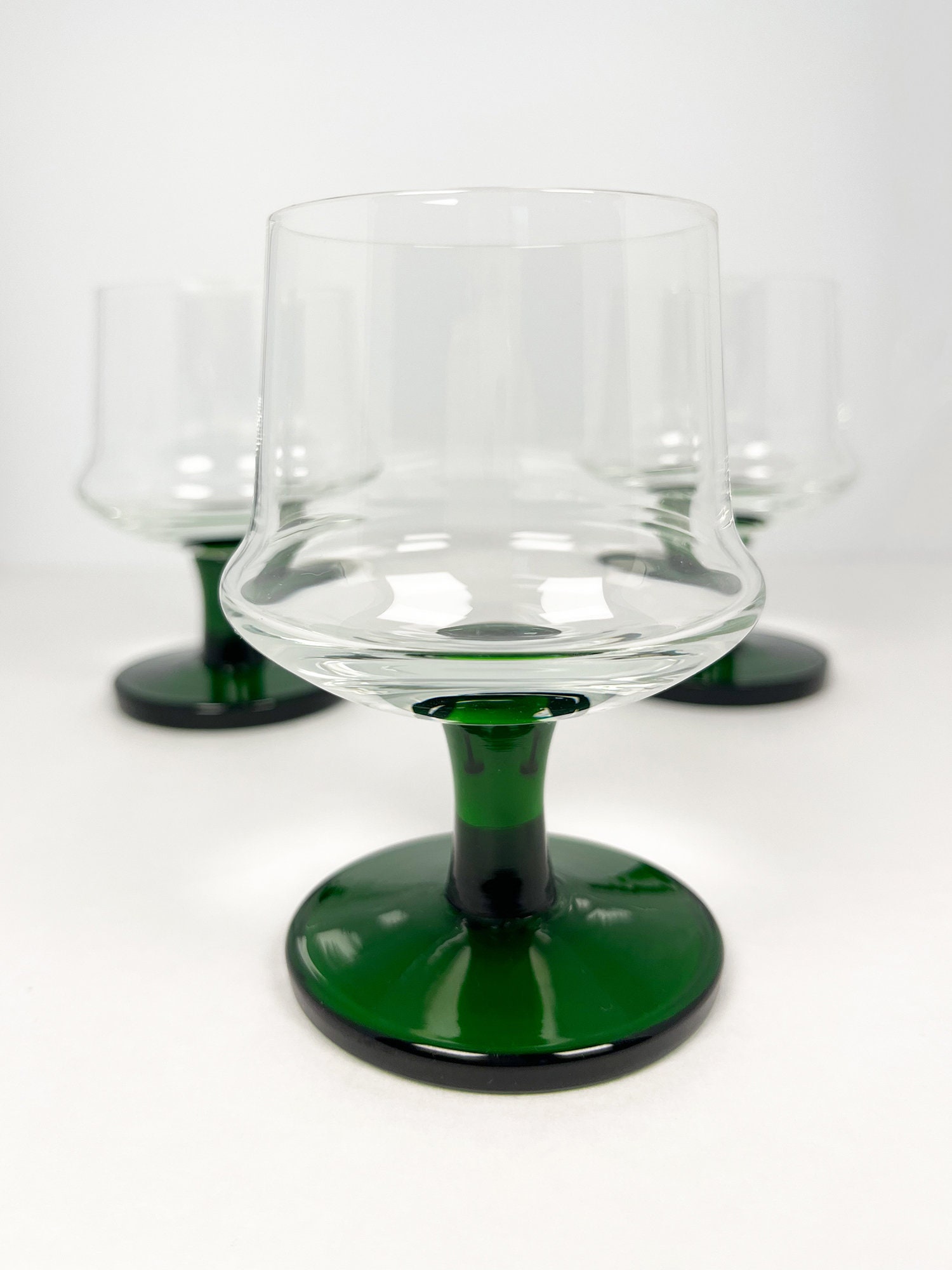 Vintage MCM style green stem cognac glasses