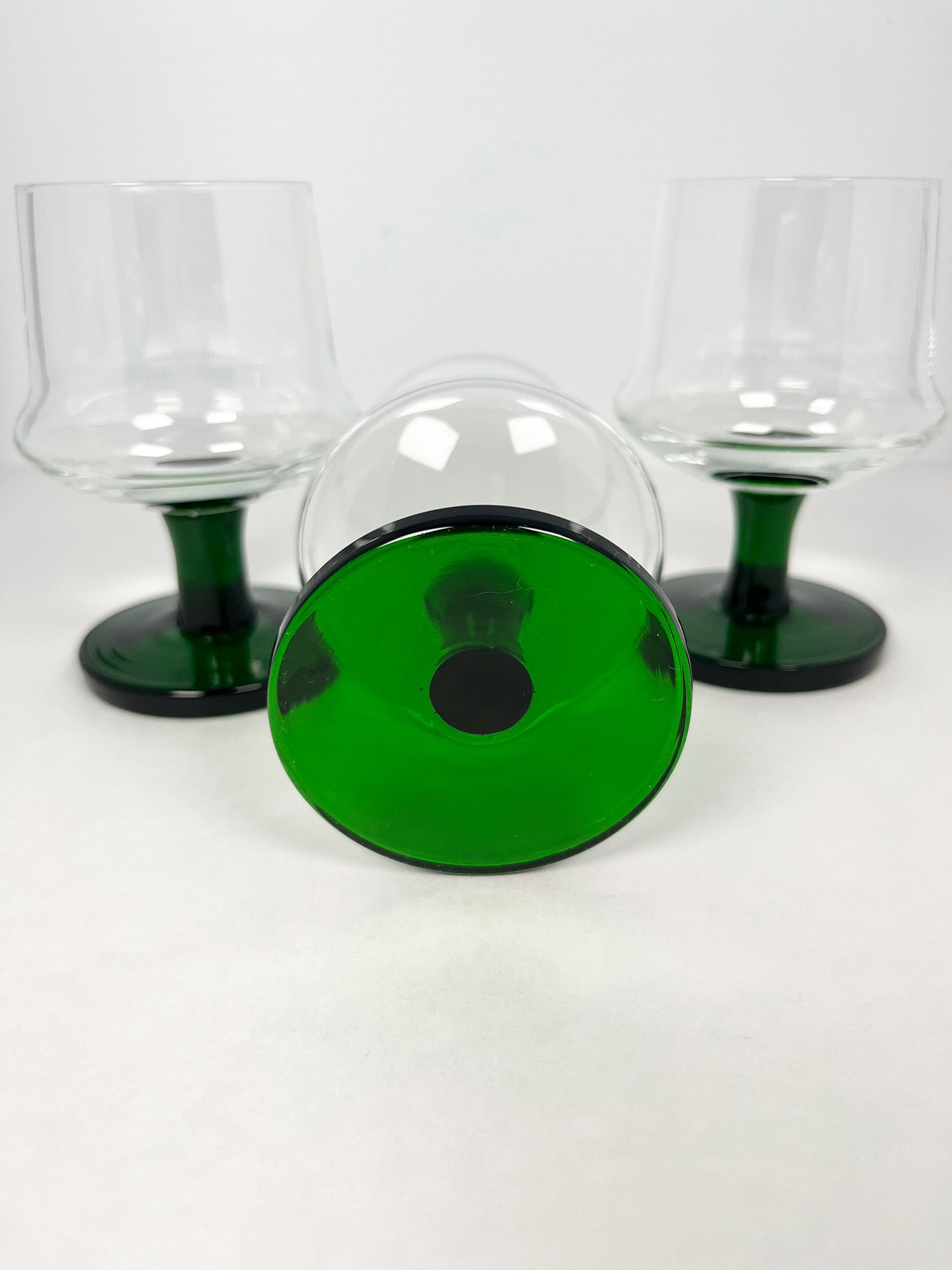 Vintage MCM style green stem cognac glasses
