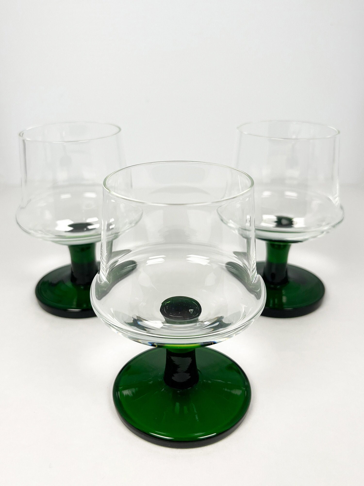 Vintage MCM style green stem cognac glasses