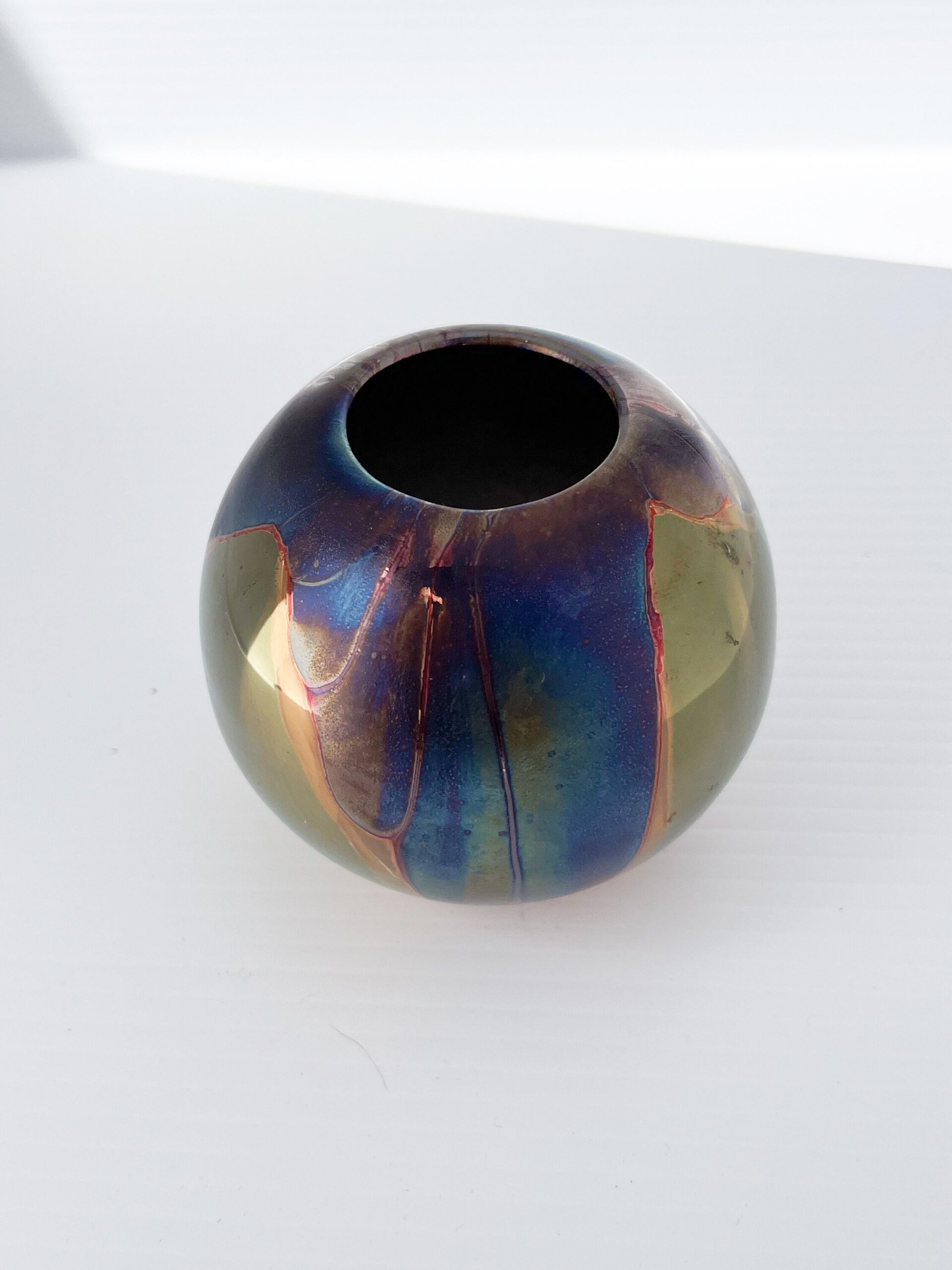 80s vintage glazed iridescent small 3" pottery vase
