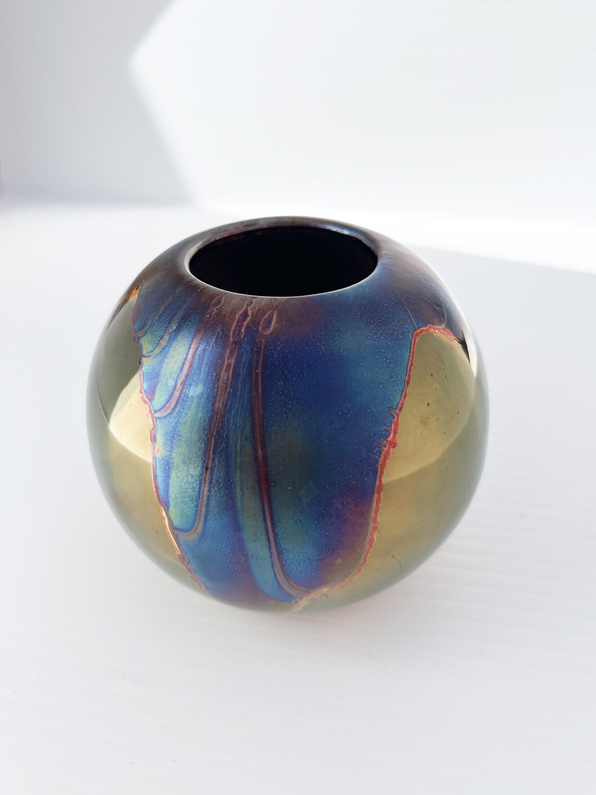 80s vintage glazed iridescent small 3" pottery vase