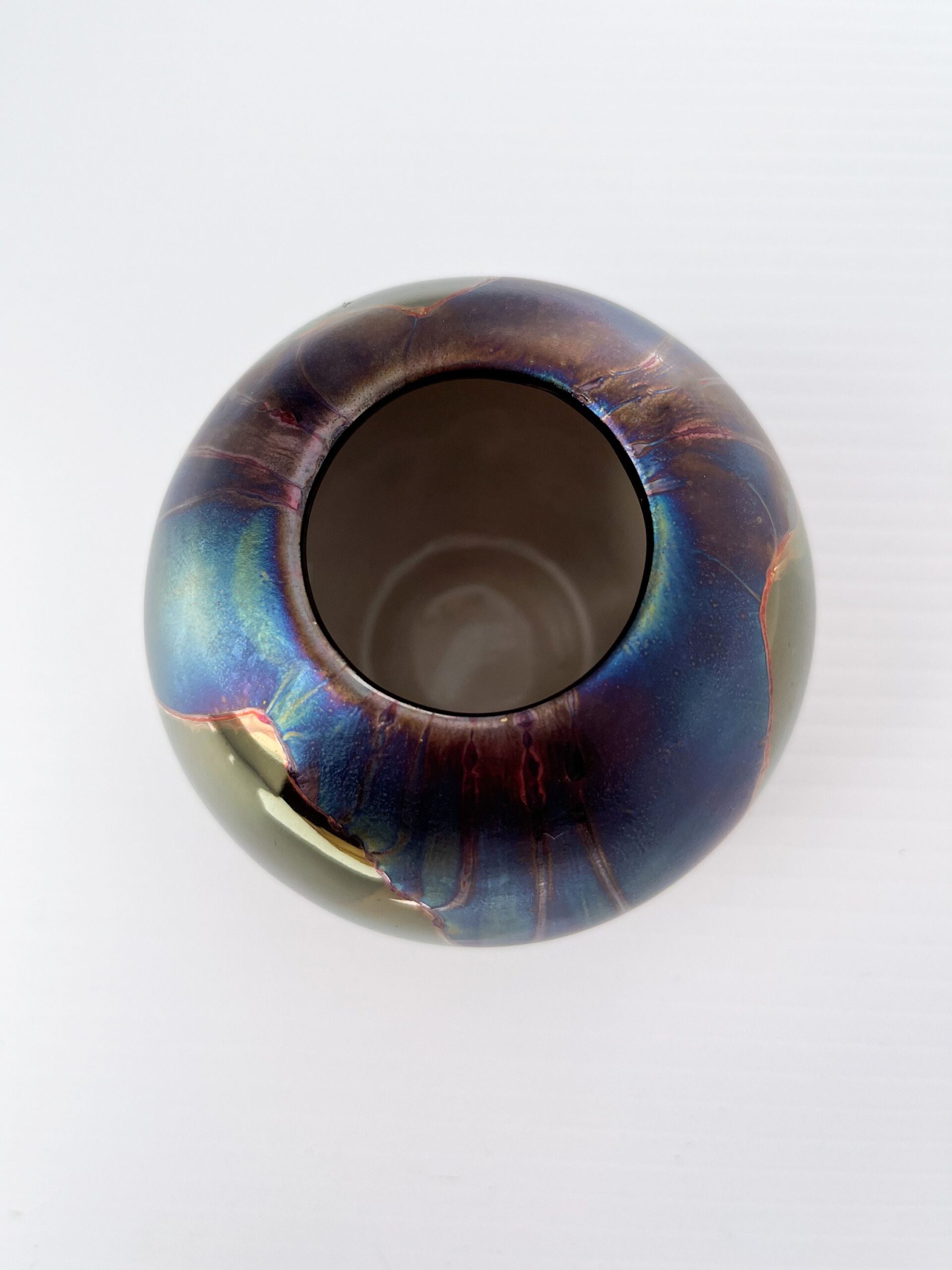 80s vintage glazed iridescent small 3" pottery vase