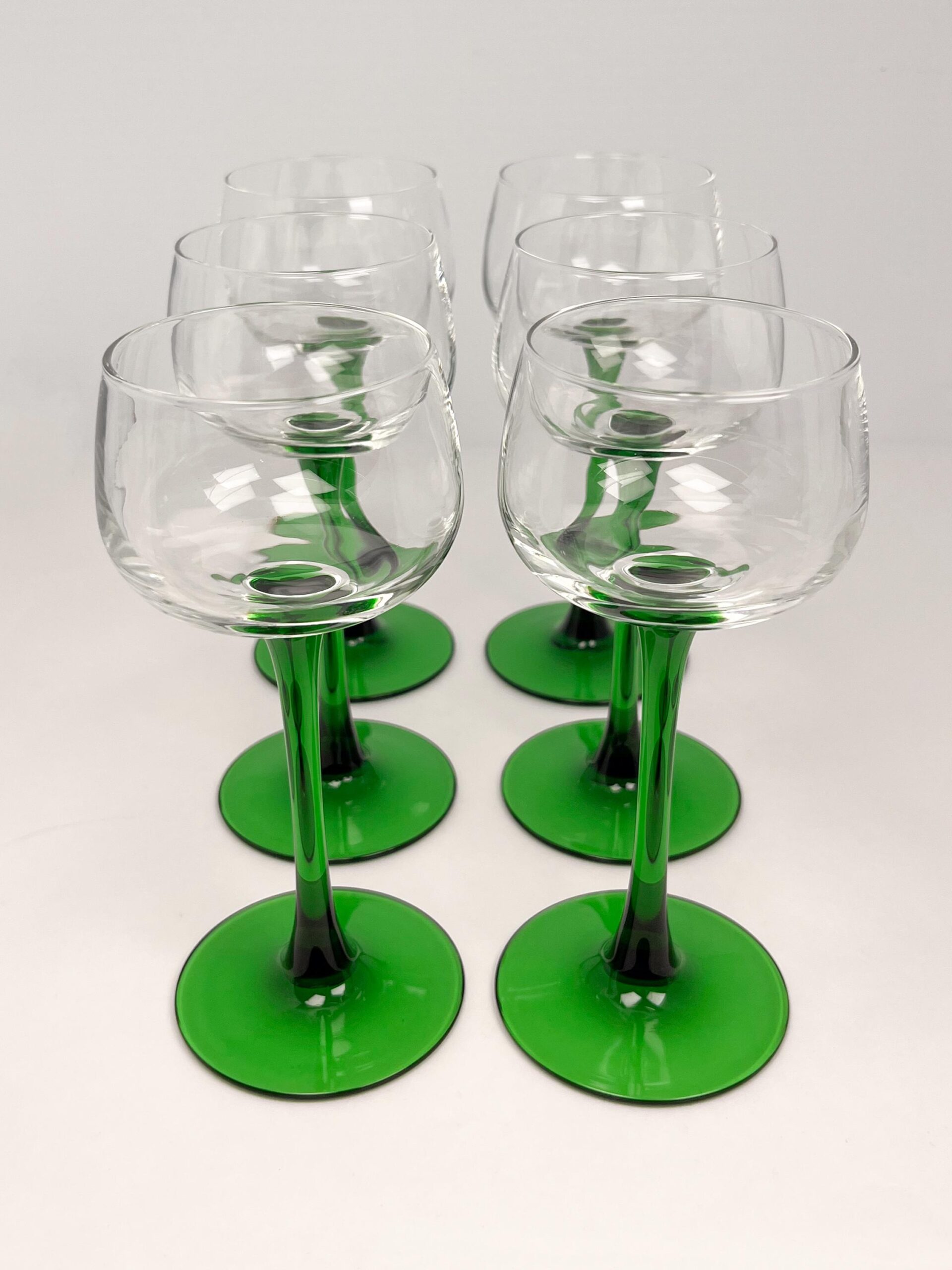 6 vintage green stem liqueur glasses by Luminarc