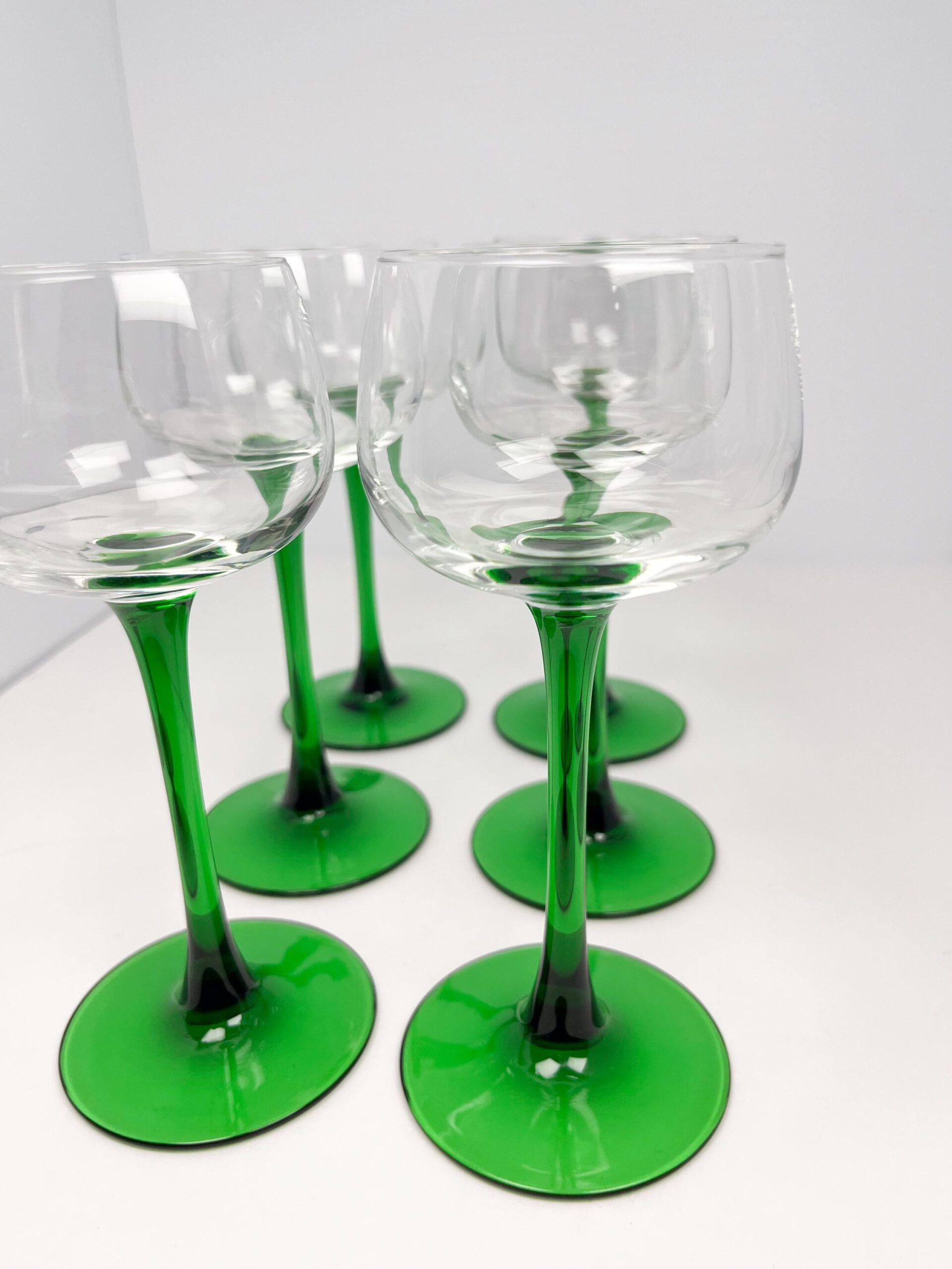 6 vintage green stem liqueur glasses by Luminarc