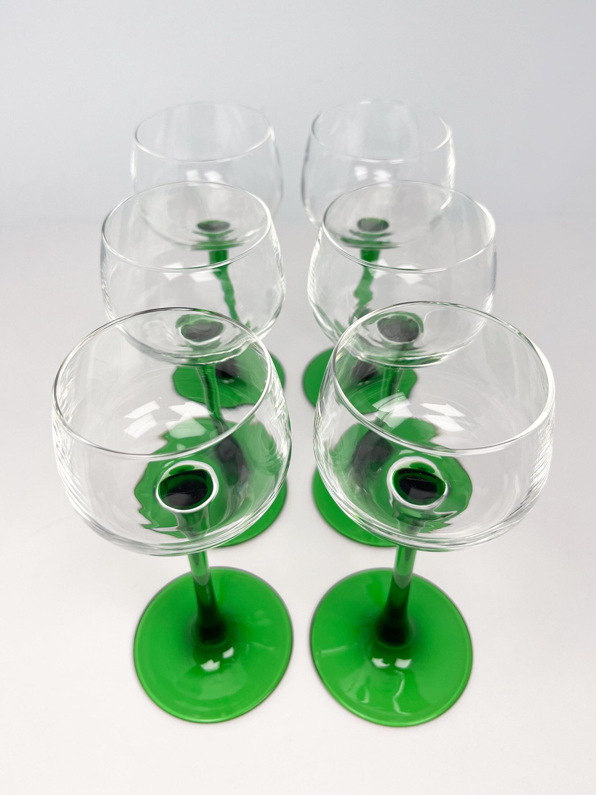 6 vintage green stem liqueur glasses by Luminarc