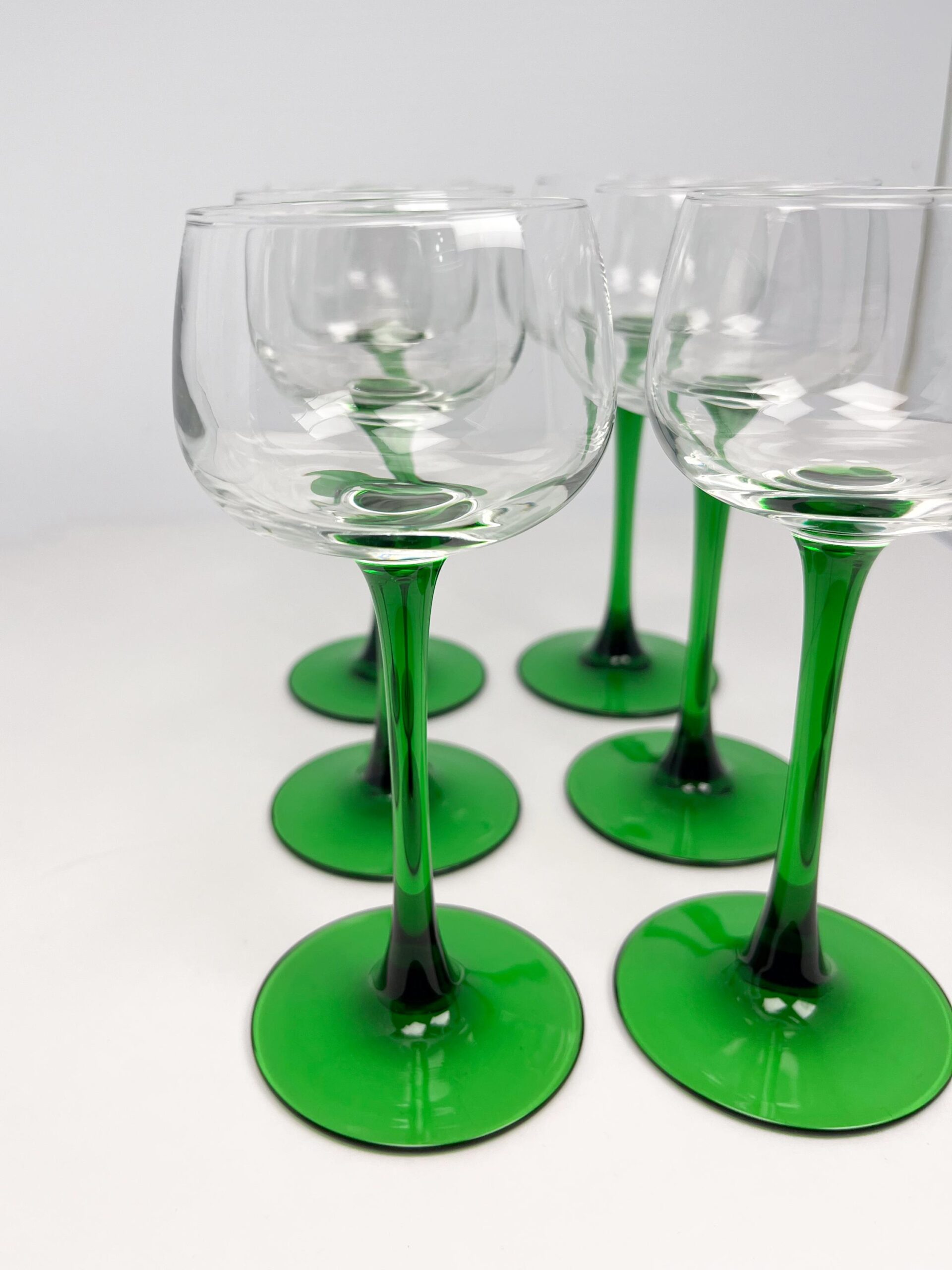 6 vintage green stem liqueur glasses by Luminarc