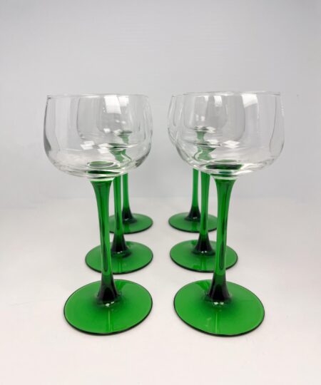 6 vintage green stem liqueur glasses by Luminarc