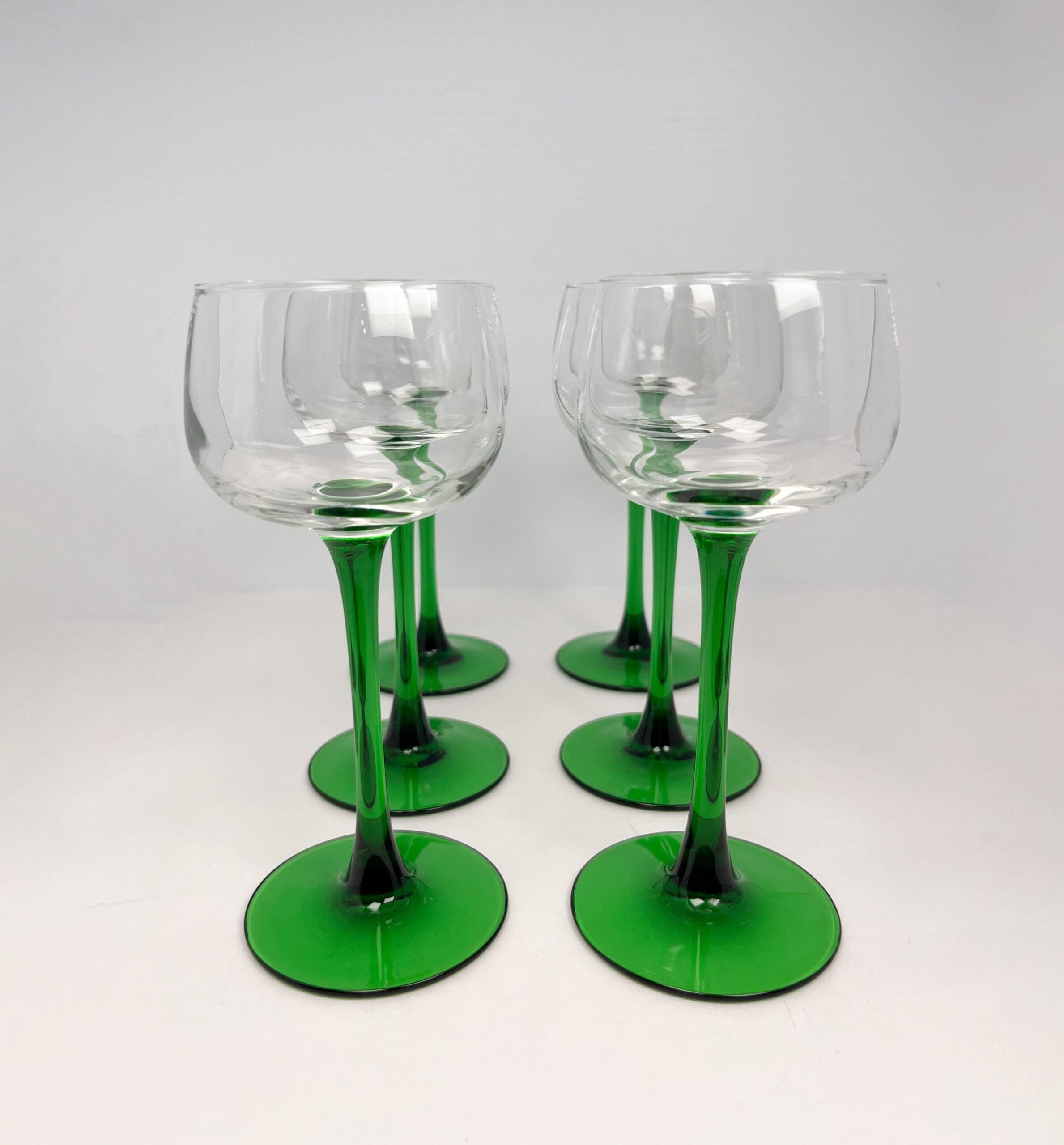 6 vintage green stem liqueur glasses by Luminarc