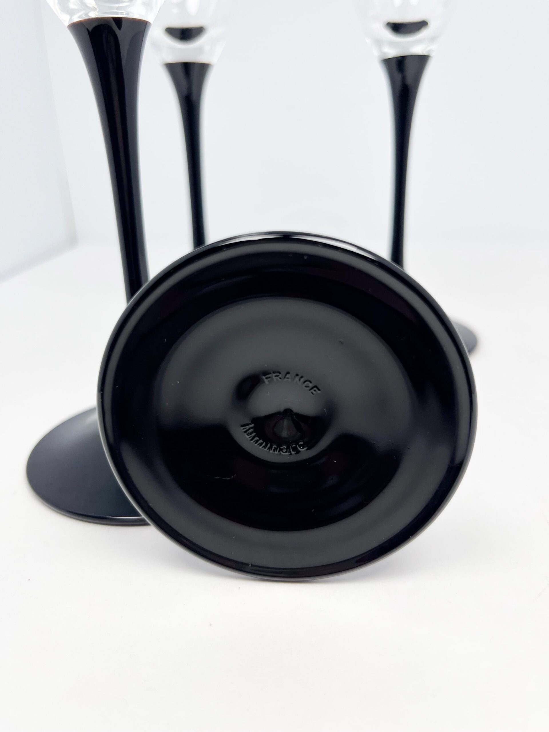 Set of 4 vintage black stem champagne flutes by Luminarc