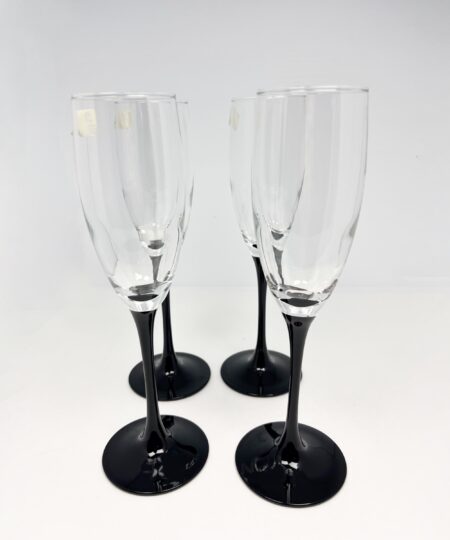 Set of 4 vintage black stem champagne flutes by Luminarc