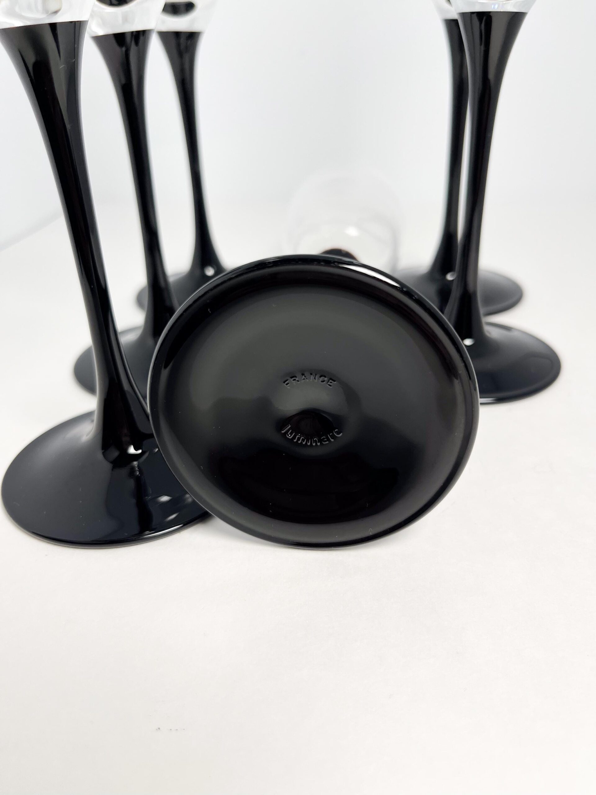 Set of 6 vintage black stem champagne flutes by Luminarc