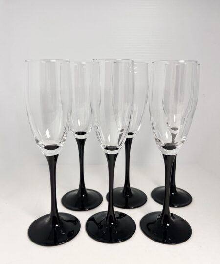 Set of 6 vintage black stem champagne flutes by Luminarc