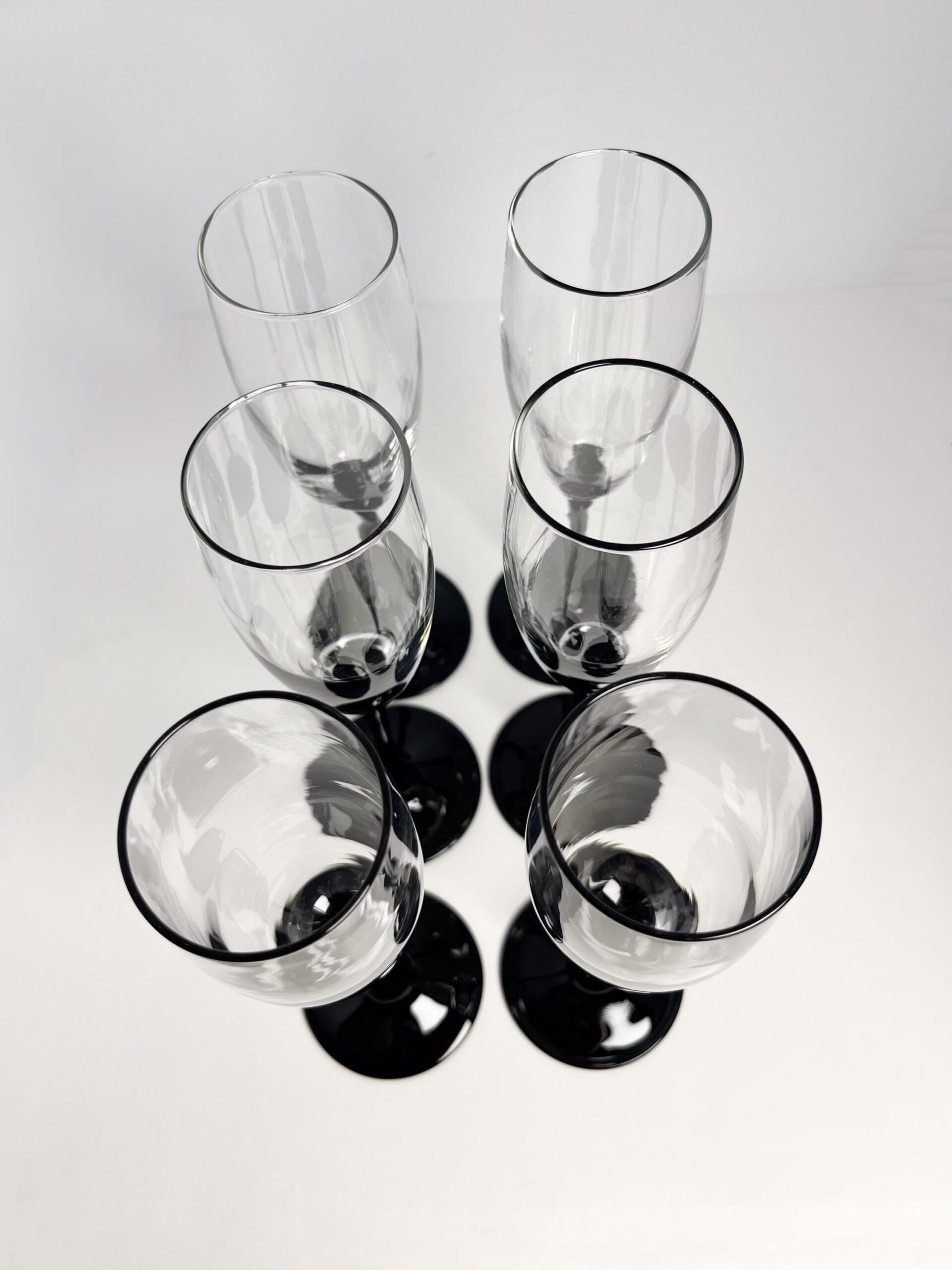 Set of 6 vintage black stem champagne flutes by Luminarc