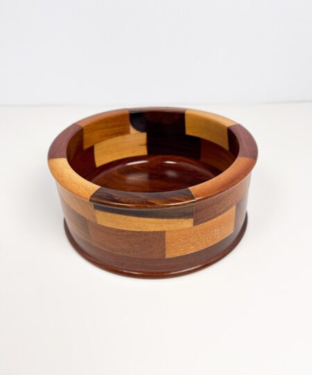 Decorative wood bowl with geometric mosaic panels