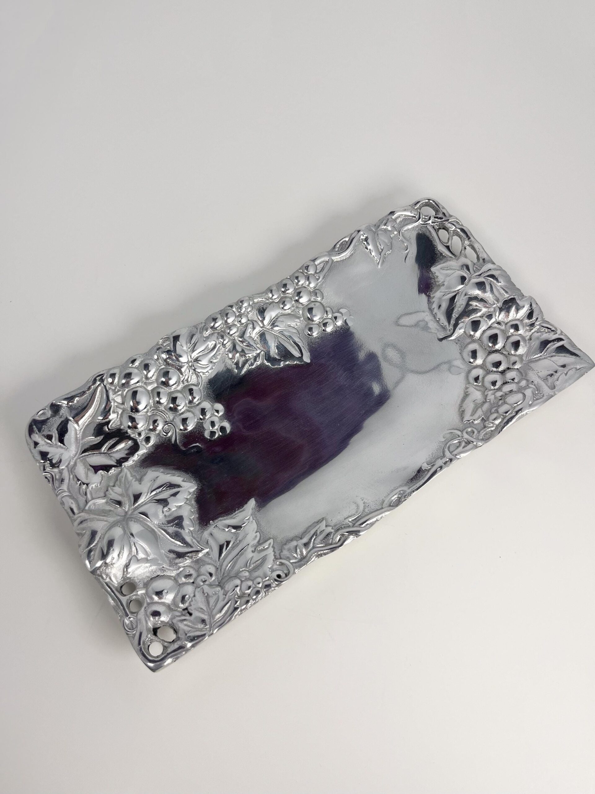 Vintage pewter serving platter with grapes motif - made in Puerta Vallarta, Mexico