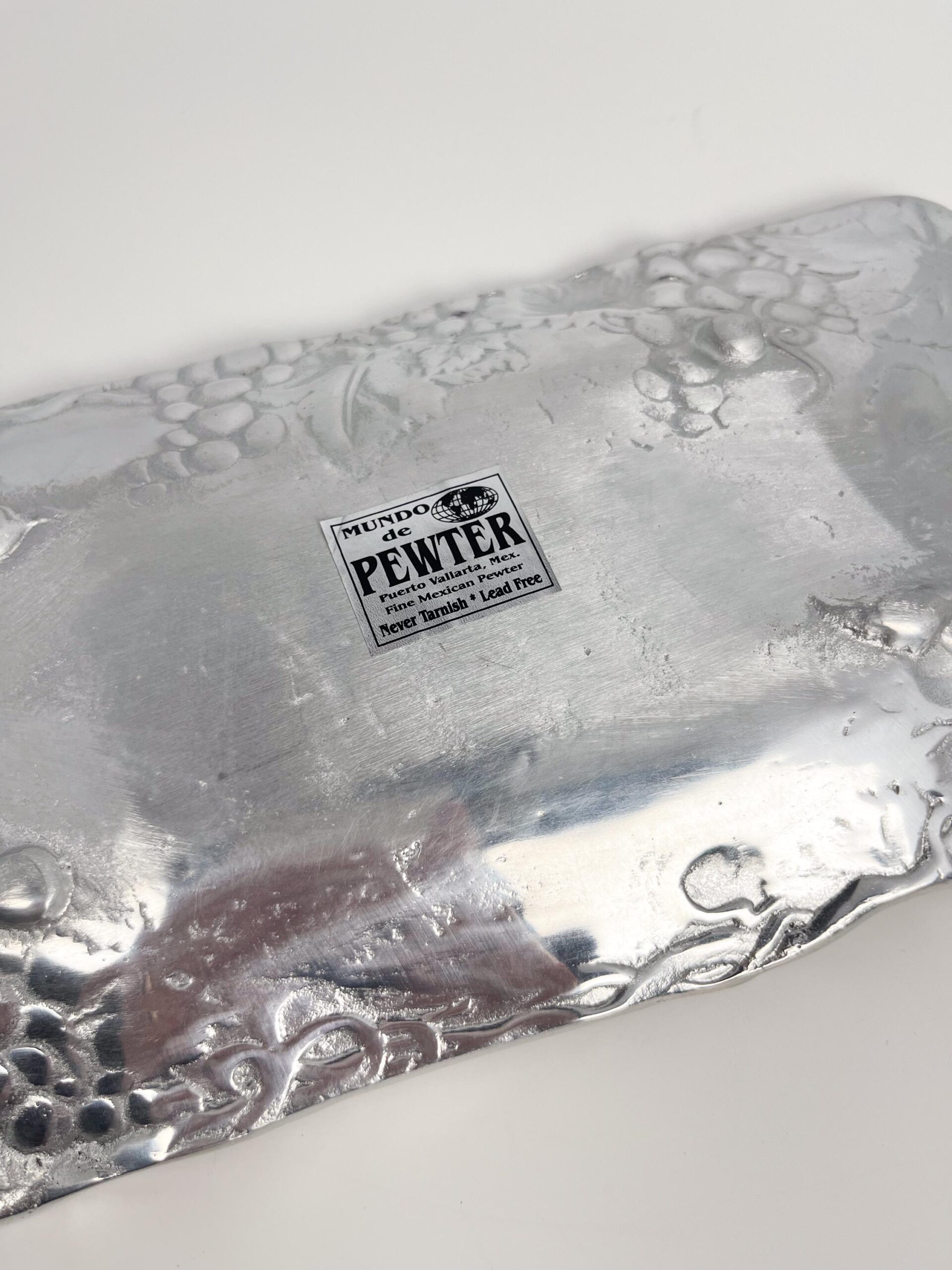 Vintage pewter serving platter with grapes motif - made in Puerta Vallarta, Mexico