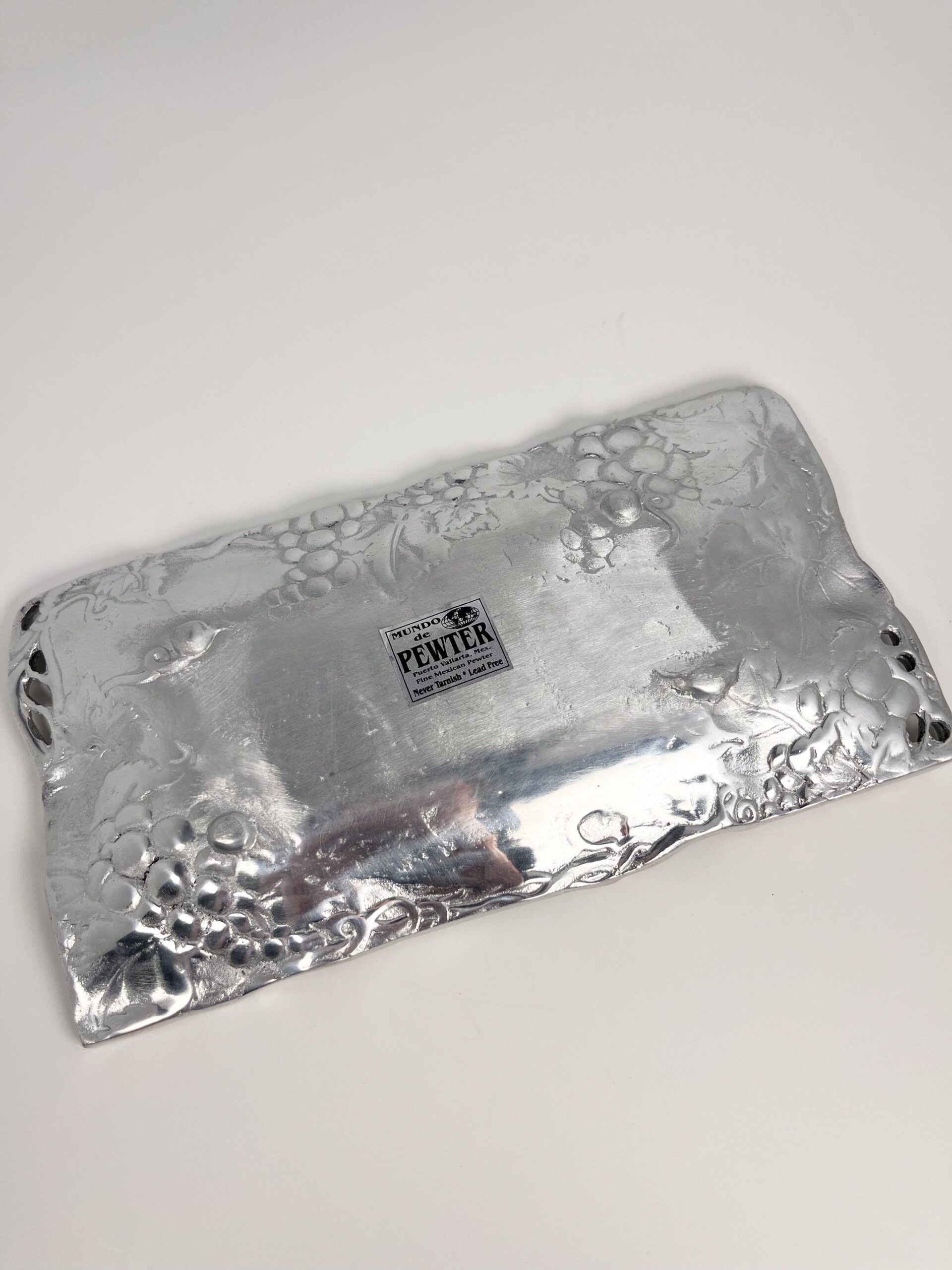 Vintage pewter serving platter with grapes motif - made in Puerta Vallarta, Mexico